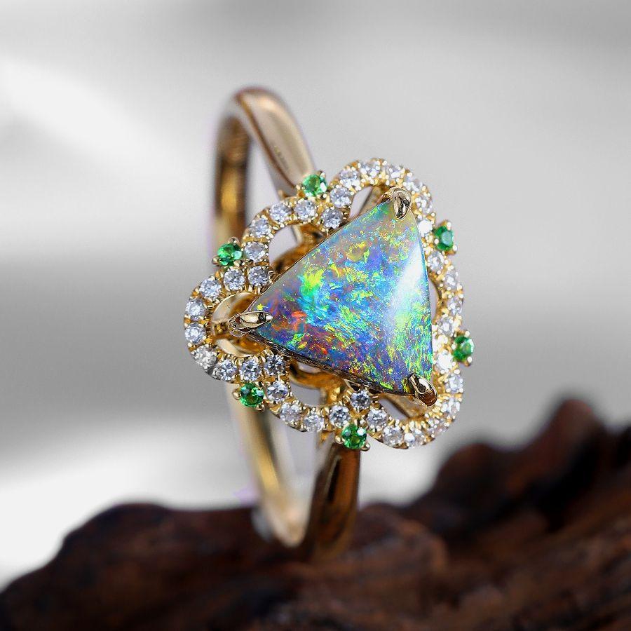 Artist Amazing Rainbow Color Boulder Opal Diamond Engagement Ring 18K Yellow Gold