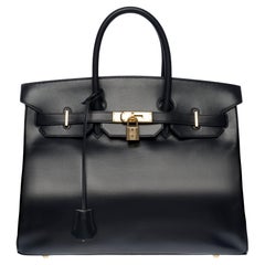 Used Amazing & Rare Hermès Birkin 35 handbag in Blue indigo box calfskin leather, GHW
