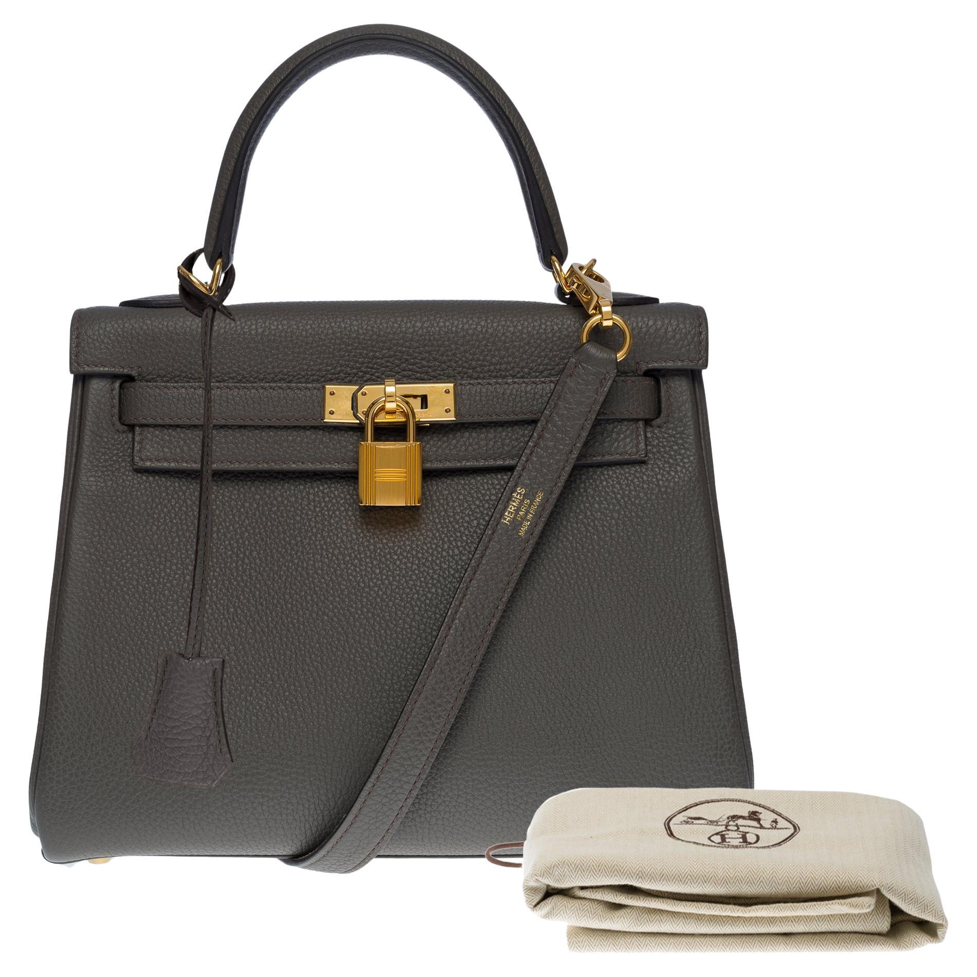 Amazing & Rare Hermès Kelly 25 handbag strap in Grey Togo etain leather, GHW