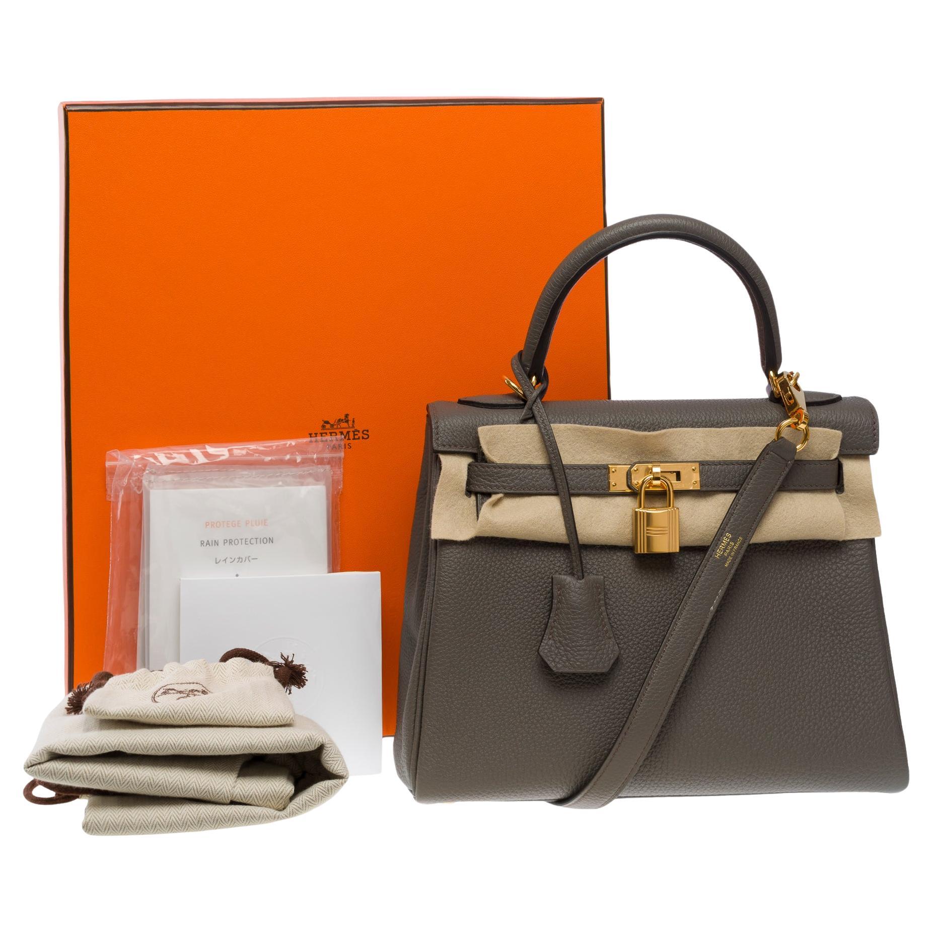 Amazing & Rare Hermès Kelly 25 handbag strap in Togo Grey etain leather, GHW