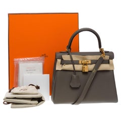 Used Amazing & Rare Hermès Kelly 25 handbag strap in Togo Grey etain leather, GHW