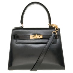 Erstaunlich & Seltene Hermès Mini Kelly 20cm Doppel-Riemen in schwarzer Box Kalbsleder und GHW