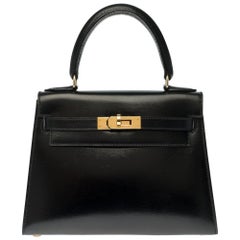 Amazing & Rare Hermès Mini Kelly 20cm double strap in black calfskin and GHW