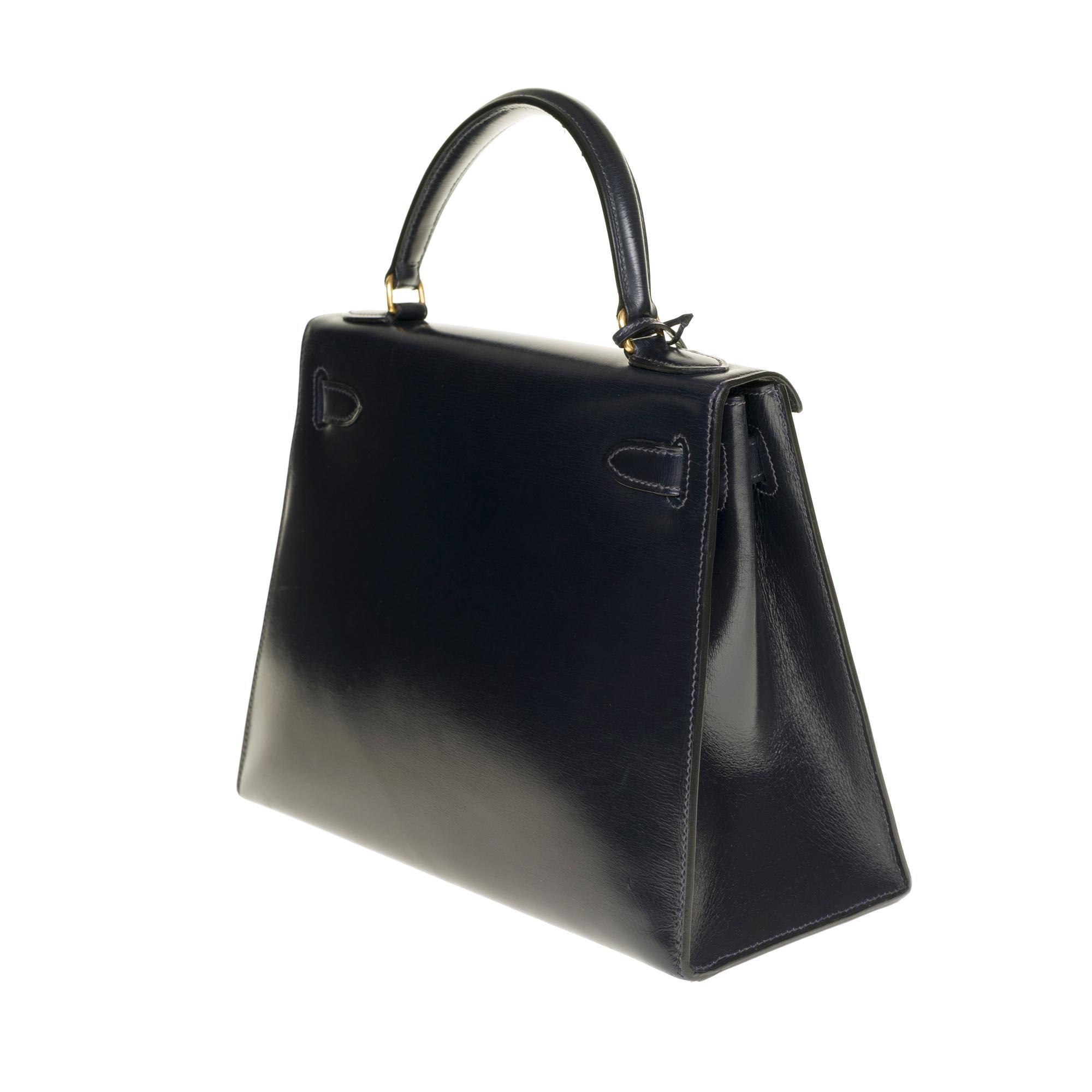 Black Amazing & Rare Hermès Mini Kelly 30cm sellier strap in navy blue calf and GHW