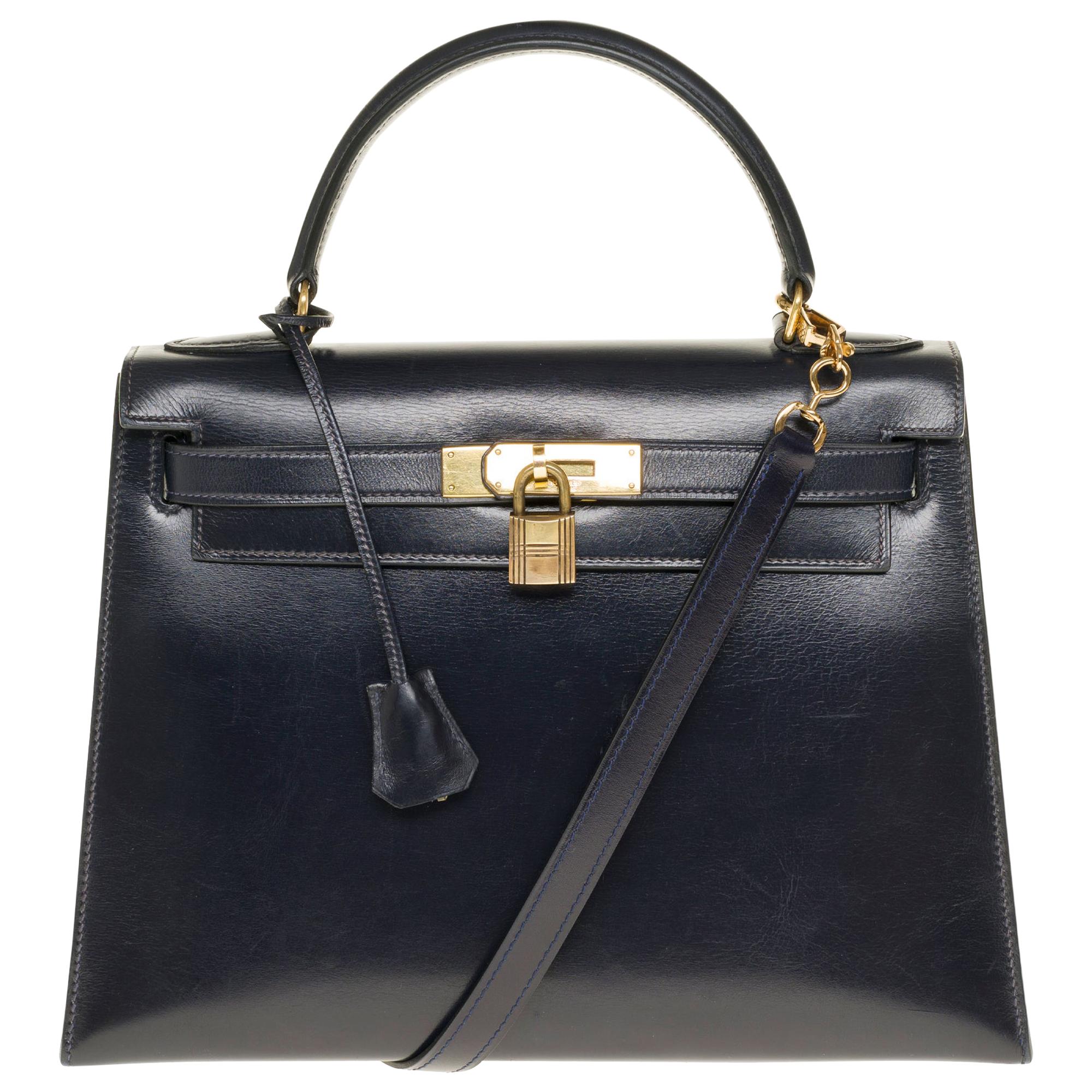 Amazing & Rare Hermès Mini Kelly 30cm sellier strap in navy blue calf and GHW
