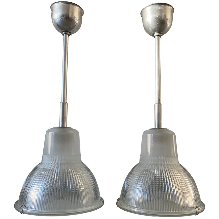 French Amazing & Rare Pair of Midcentury Modern Holophane Chrome & Glass Pendant Lights For Sale