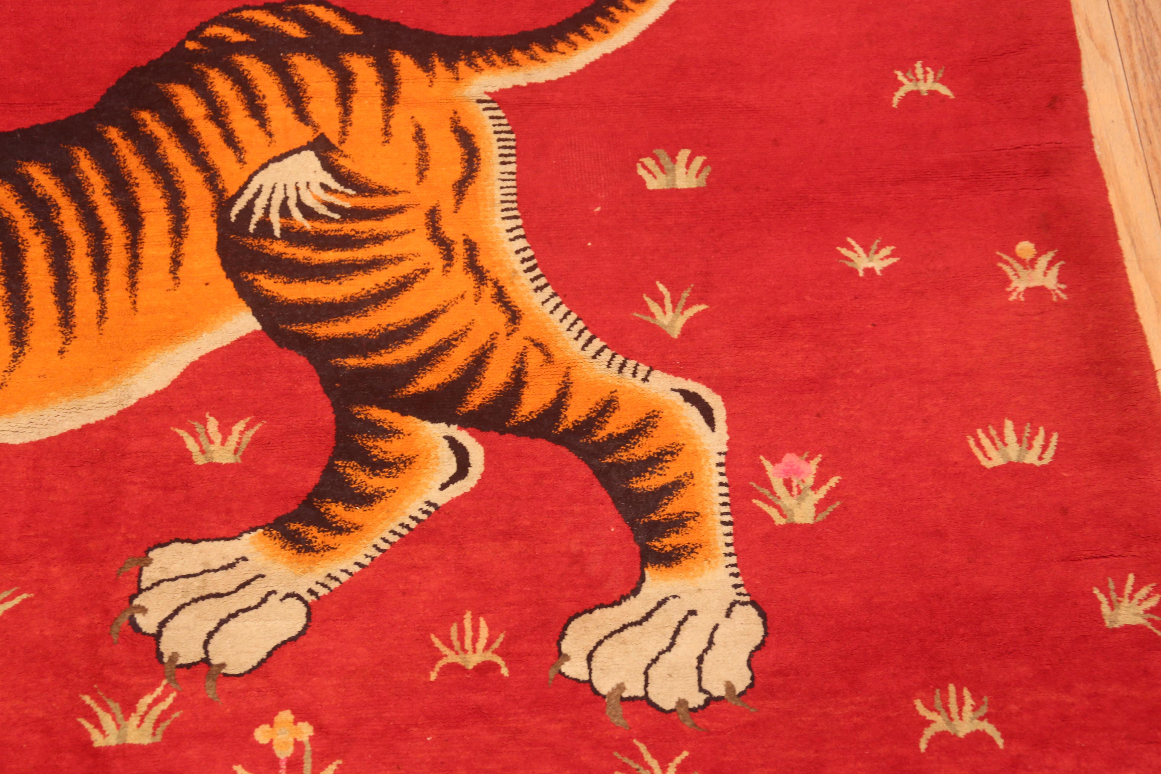 Amazing Red Background Antique Chinese Tiger Rug, Country of origin: China, Circa date: 1920