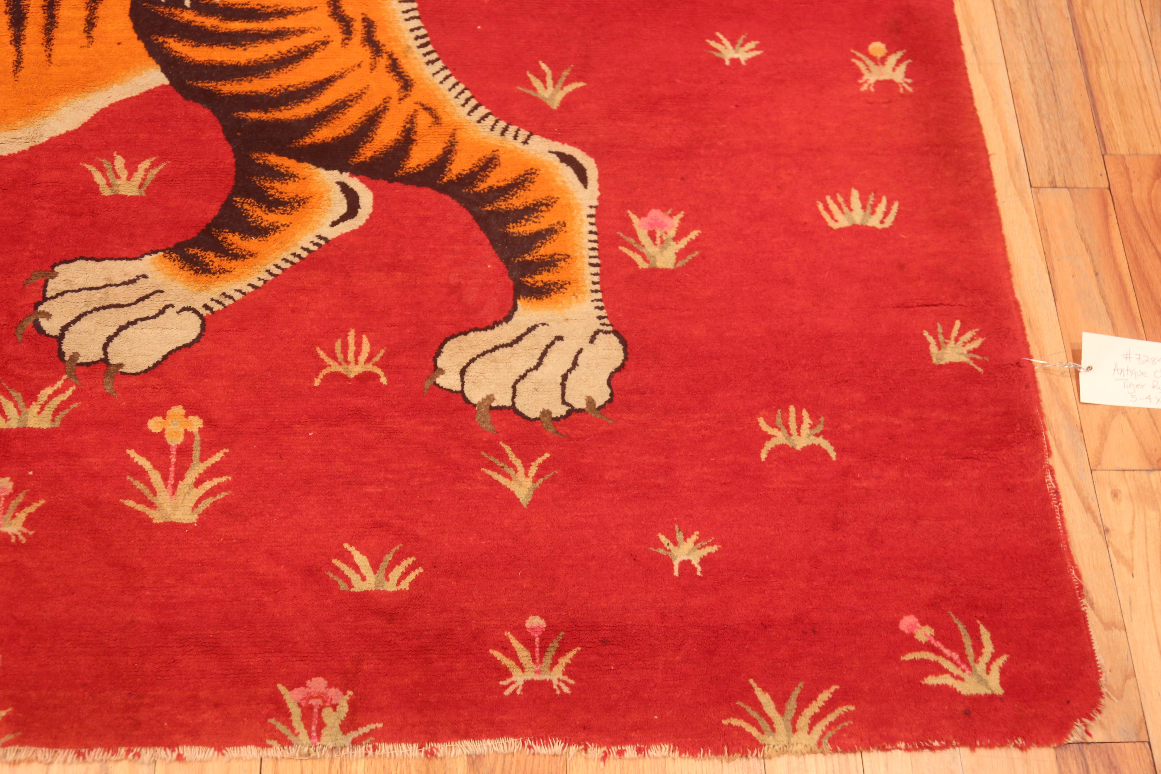 Chinese Export Amazing Red Background Antique Chinese Tiger Rug 6'4