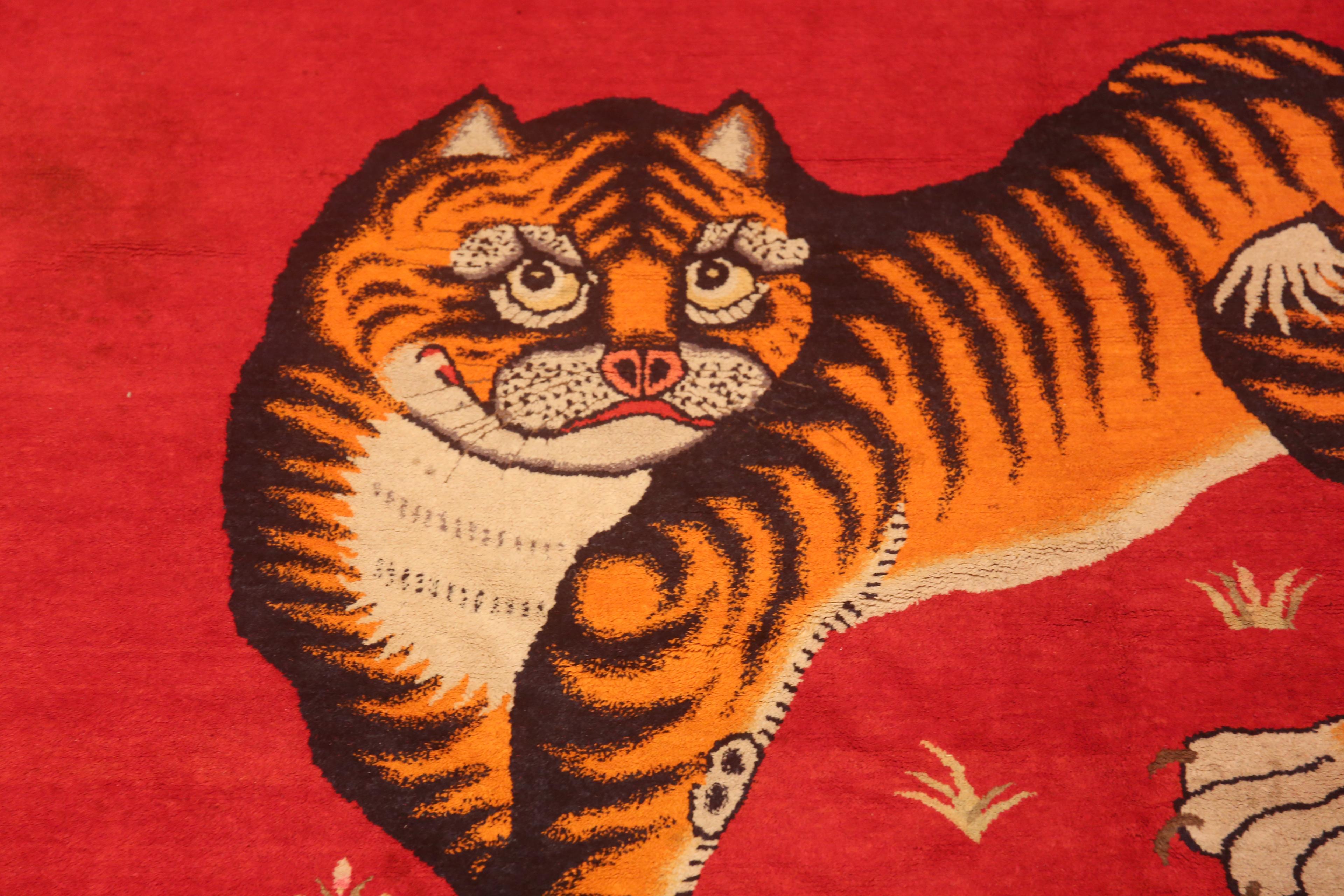Hand-Knotted Amazing Red Background Antique Chinese Tiger Rug 6'4