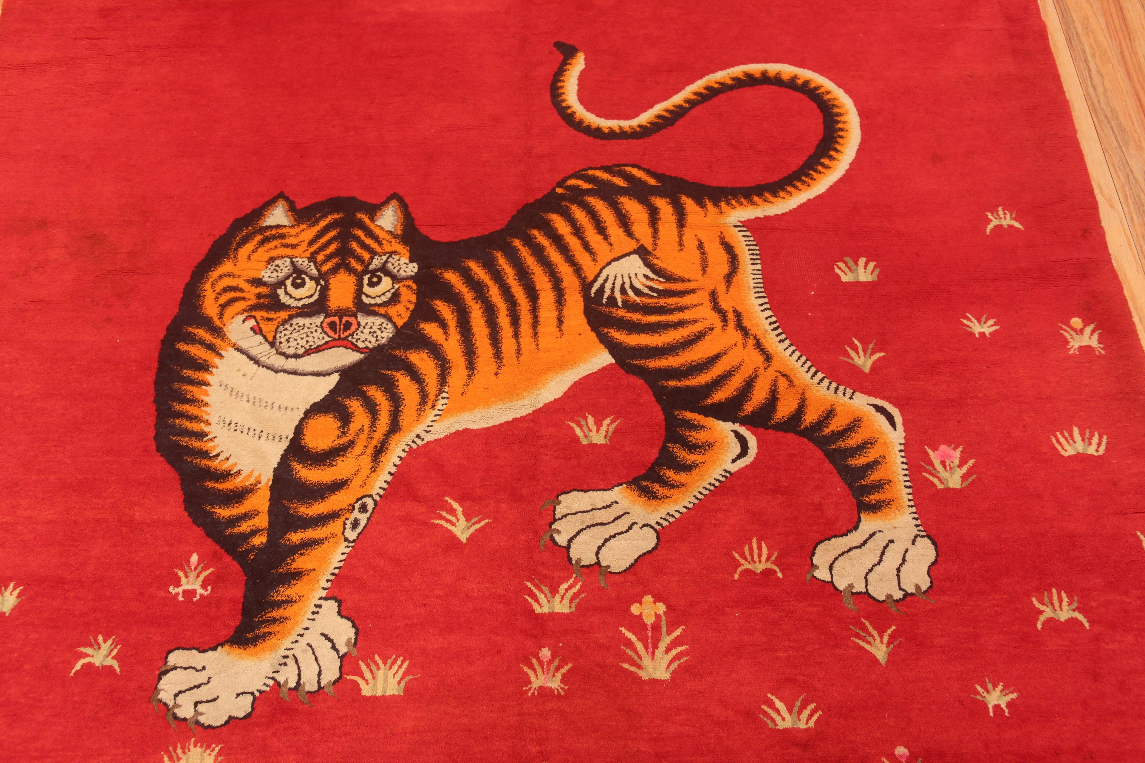 Amazing Red Background Antique Chinese Tiger Rug 6'4
