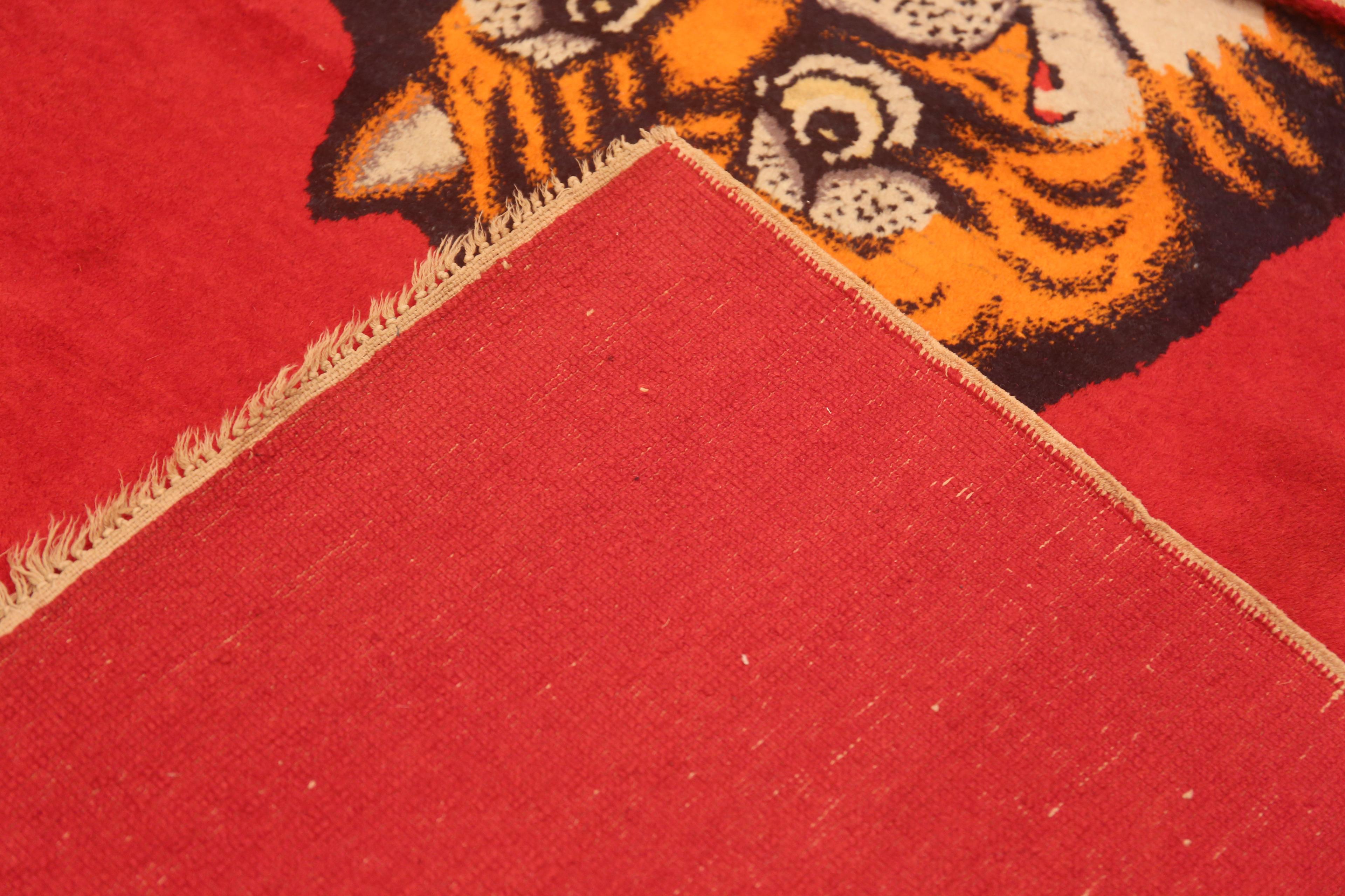 20th Century Amazing Red Background Antique Chinese Tiger Rug 6'4