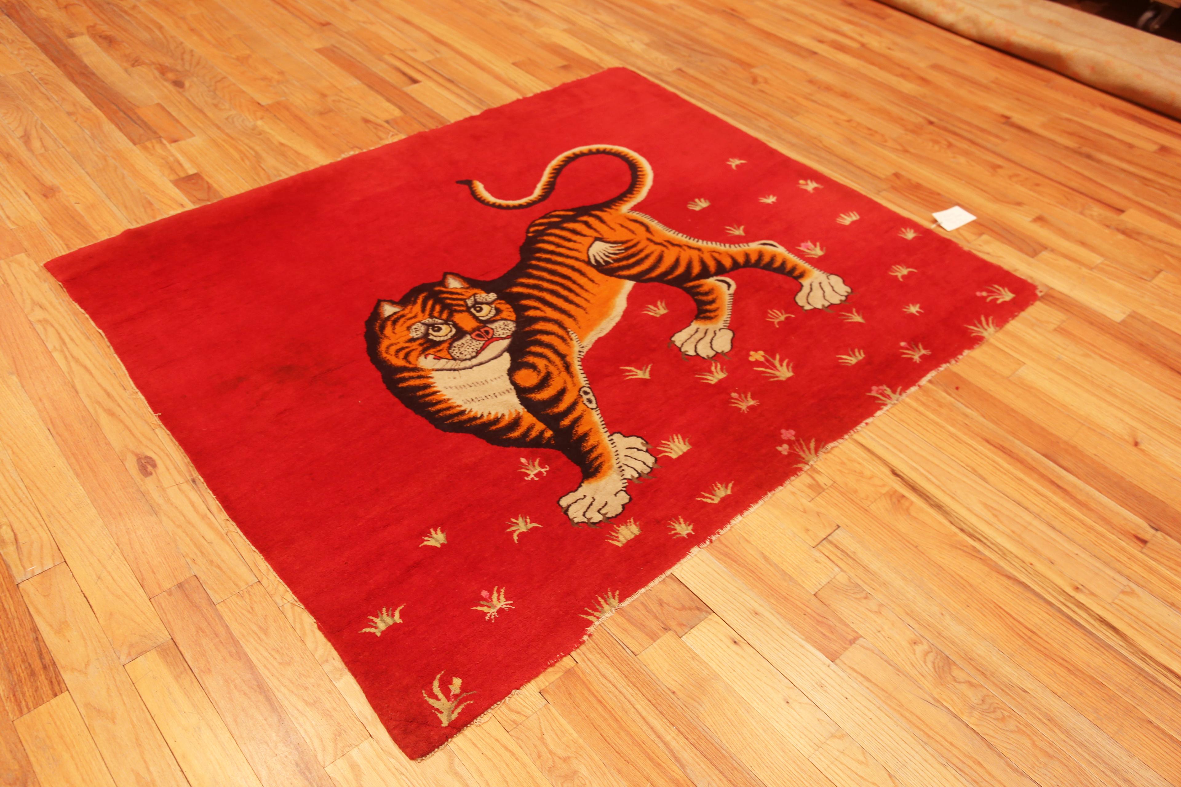 Wool Amazing Red Background Antique Chinese Tiger Rug 6'4
