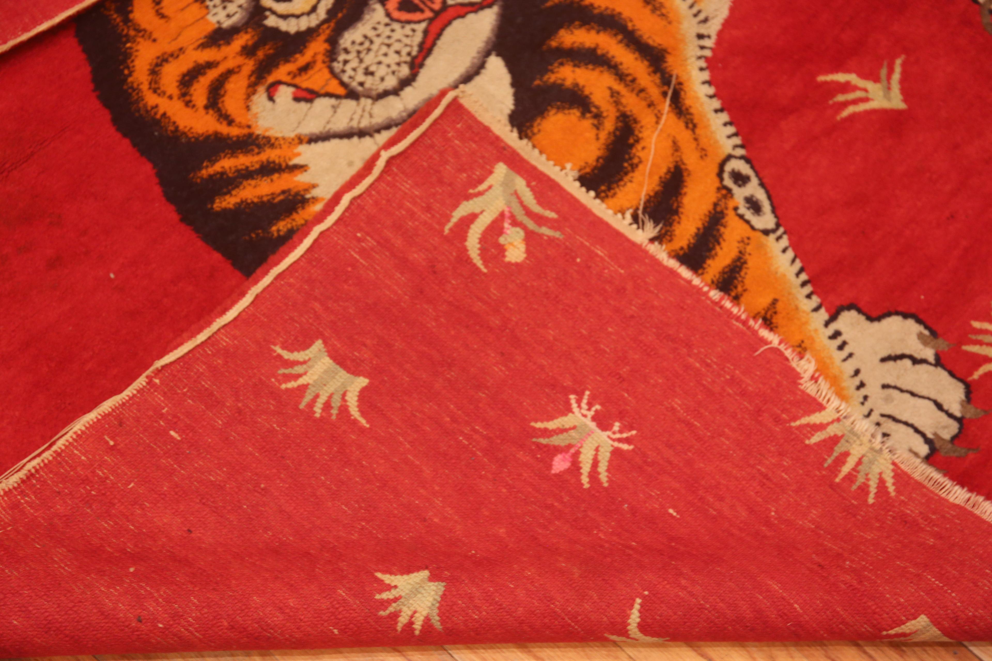 Amazing Red Background Antique Chinese Tiger Rug 6'4