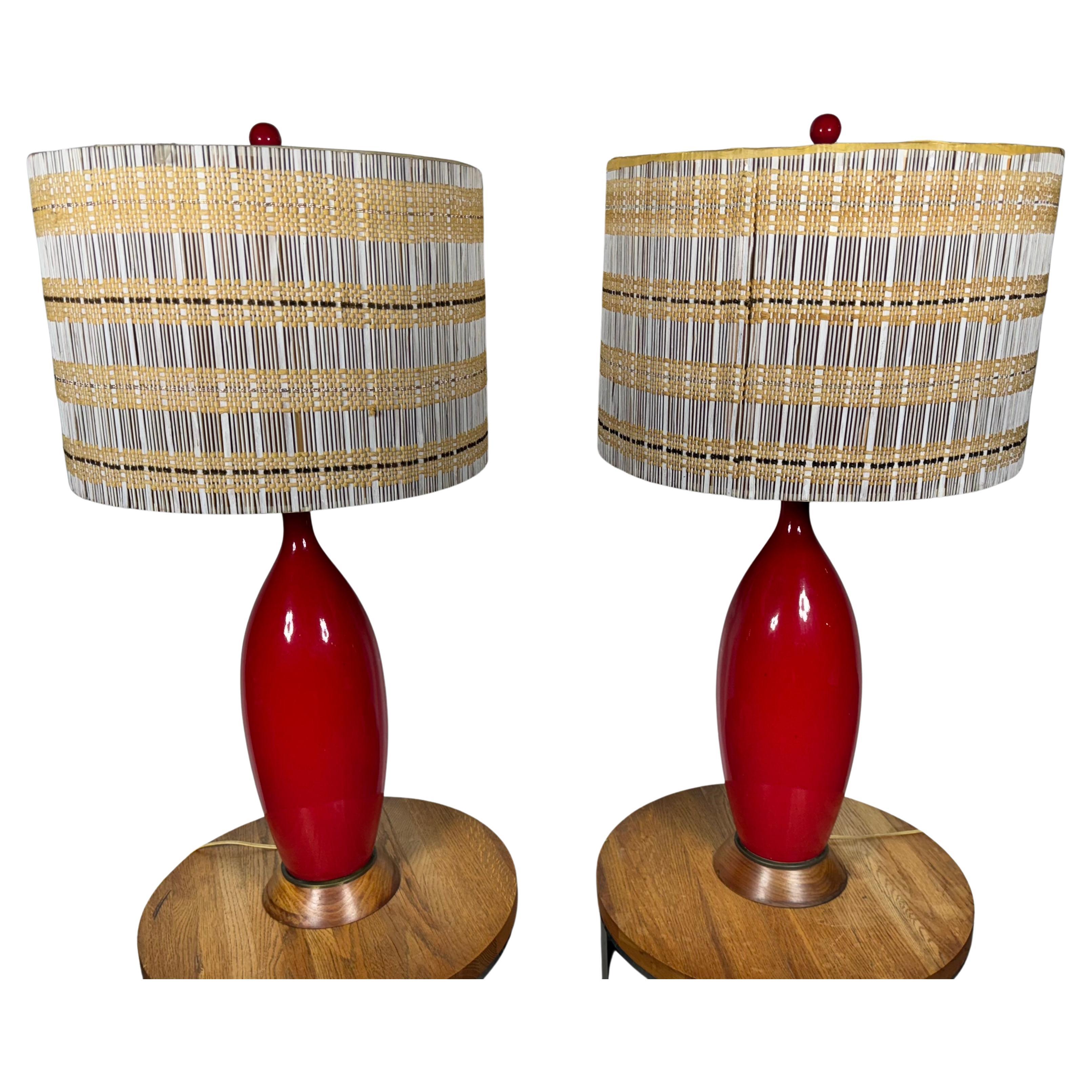 Amazing Red Ceramic Pottery Modernist Table Lamps /Maria Kipp Lamp shades