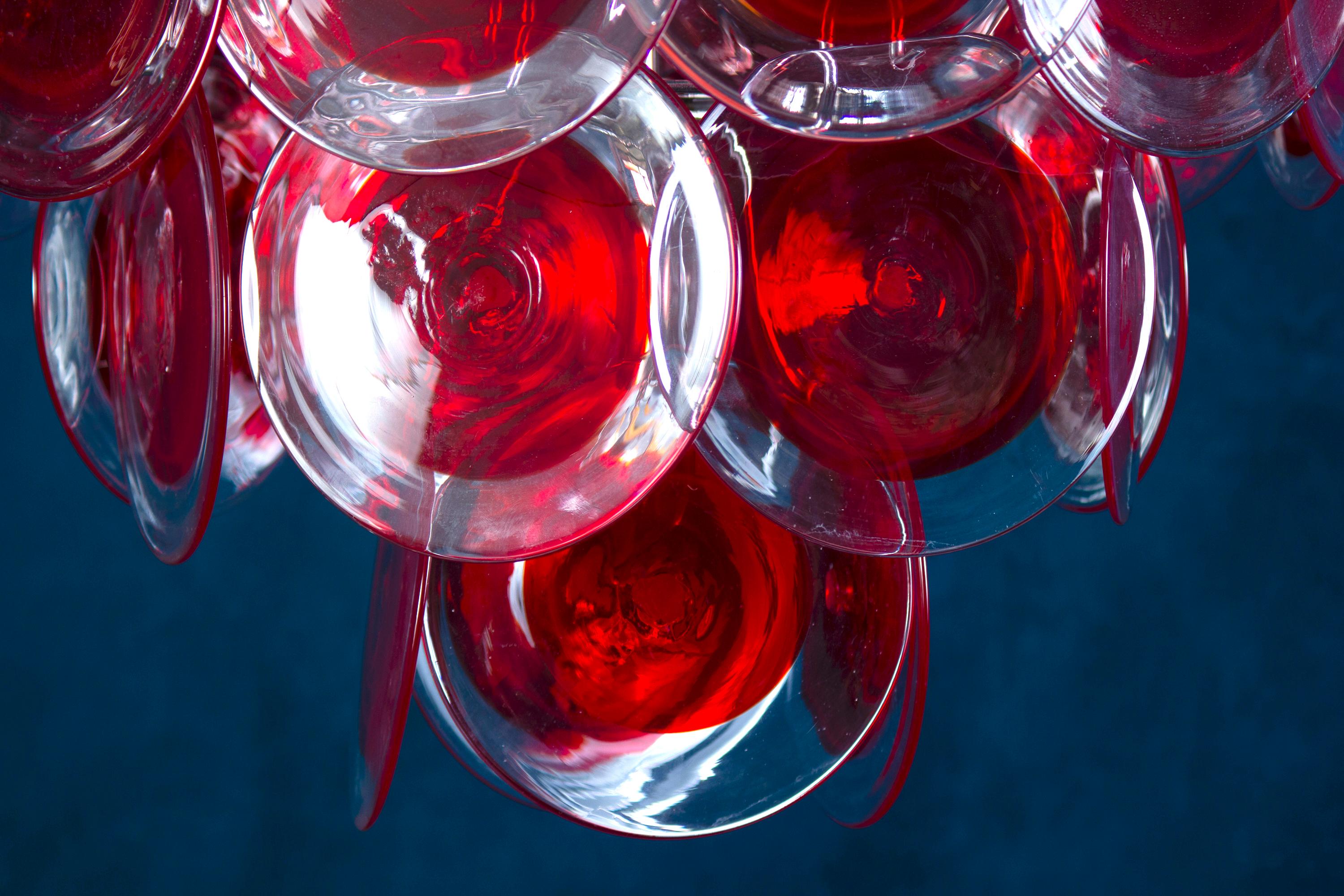 Magnifique lustre à disques rouges en verre de Murano en vente 3