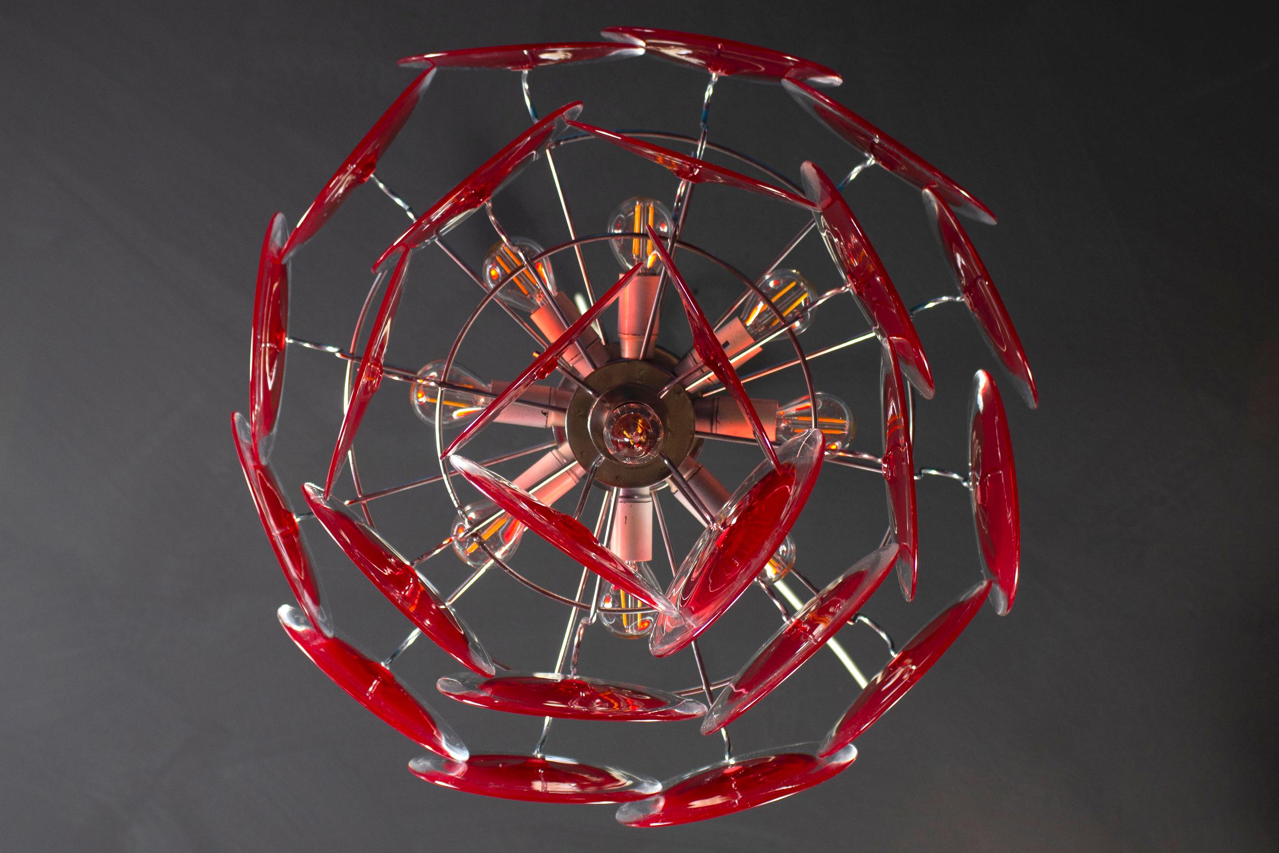 Magnifique lustre à disques rouges en verre de Murano en vente 6