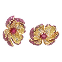 Amazing Red Ruby Yellow Sapphire Diamond Flower Gold Earrings Water Drop