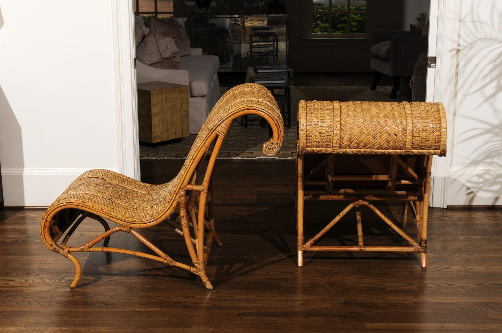 Amazing Restored Pair of Rattan and Raffia Slipper Sled Chairs, circa 1980 5