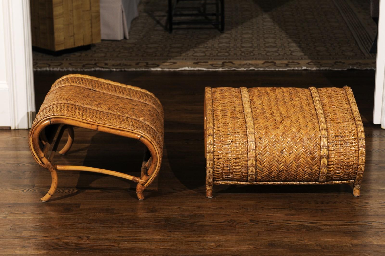 Amazing Restored Pair of Rattan and Raffia Slipper Sled Chairs, circa 1980 6