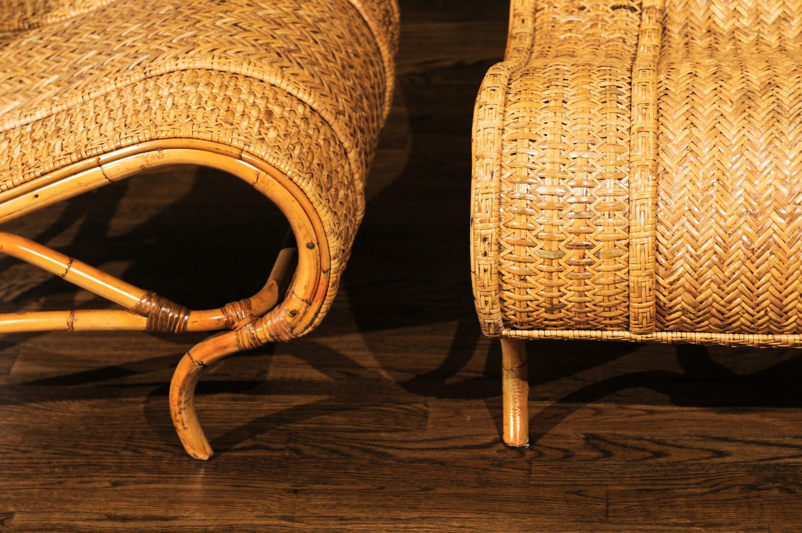 Amazing Restored Pair of Rattan and Raffia Slipper Sled Chairs, circa 1980 12