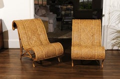Amazing Restored Pair of Rattan and Raffia Slipper Sled Chairs, circa 1980