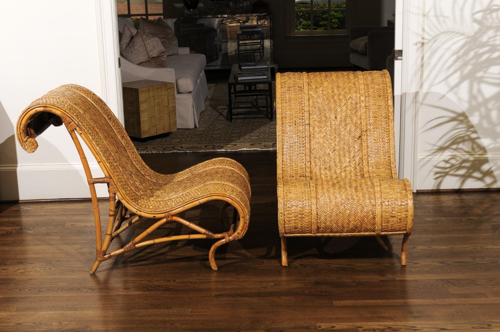 Mid-Century Modern Amazing Restored Pair of Rattan and Raffia Slipper Sled Chairs, circa 1980
