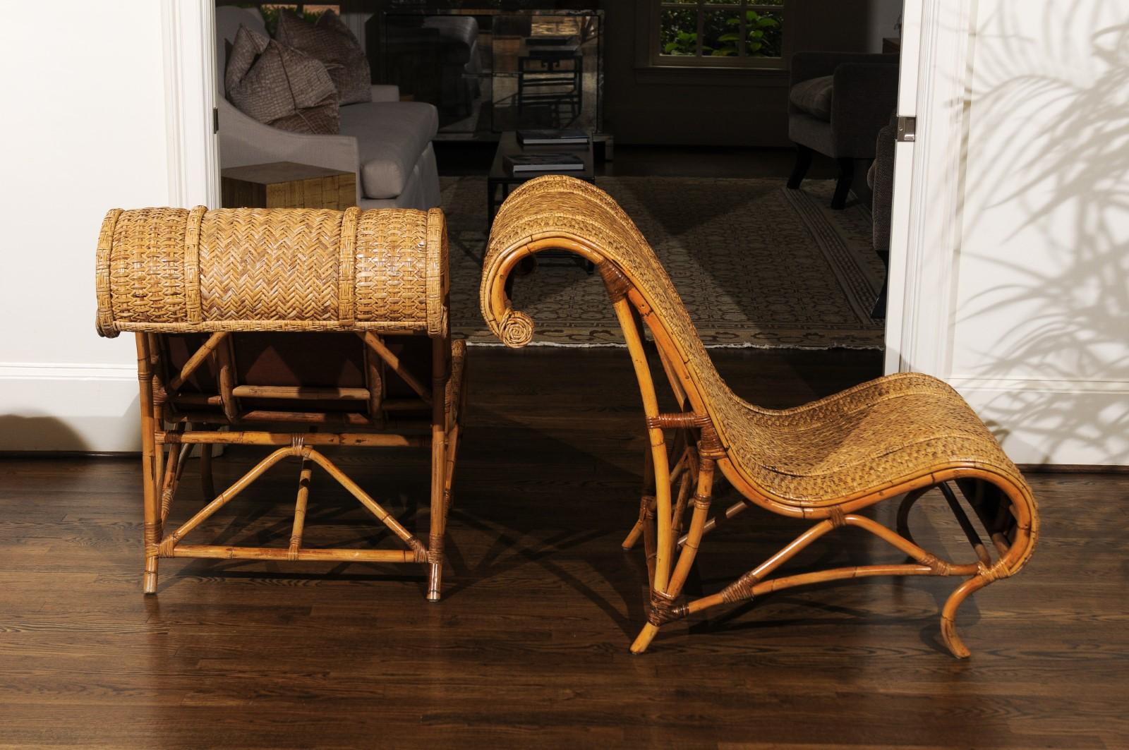 Unknown Amazing Restored Pair of Rattan and Raffia Slipper Sled Chairs, circa 1980