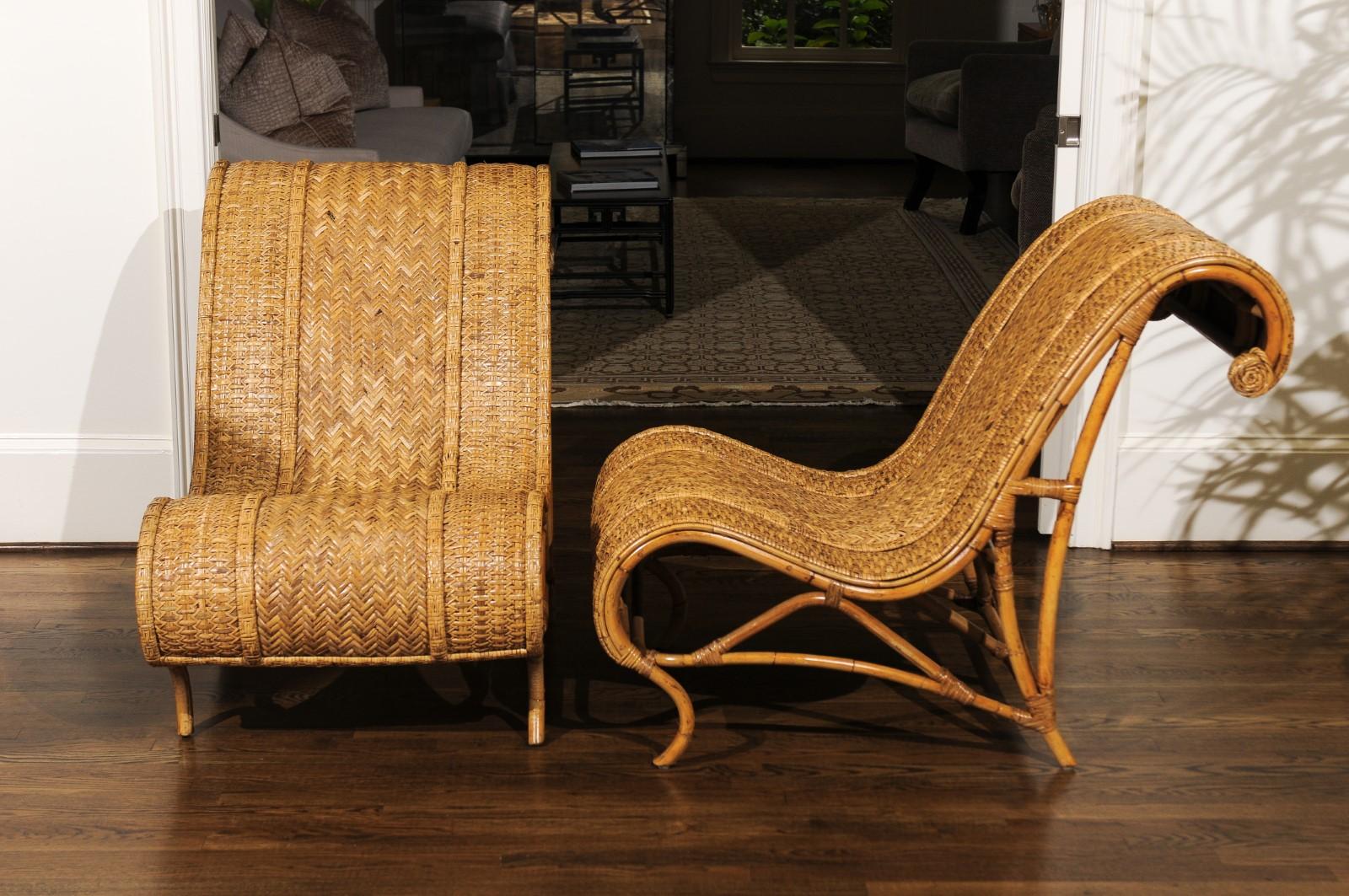 Amazing Restored Pair of Rattan and Raffia Slipper Sled Chairs, circa 1980 In Excellent Condition In Atlanta, GA