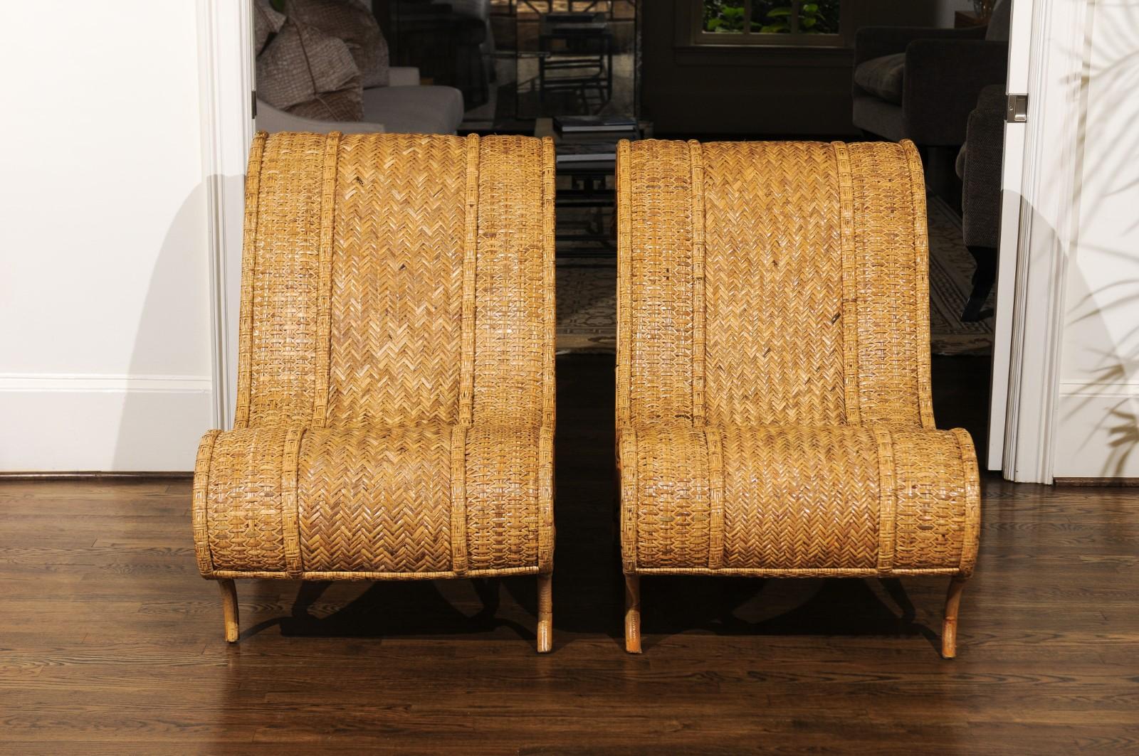 Late 20th Century Amazing Restored Pair of Rattan and Raffia Slipper Sled Chairs, circa 1980