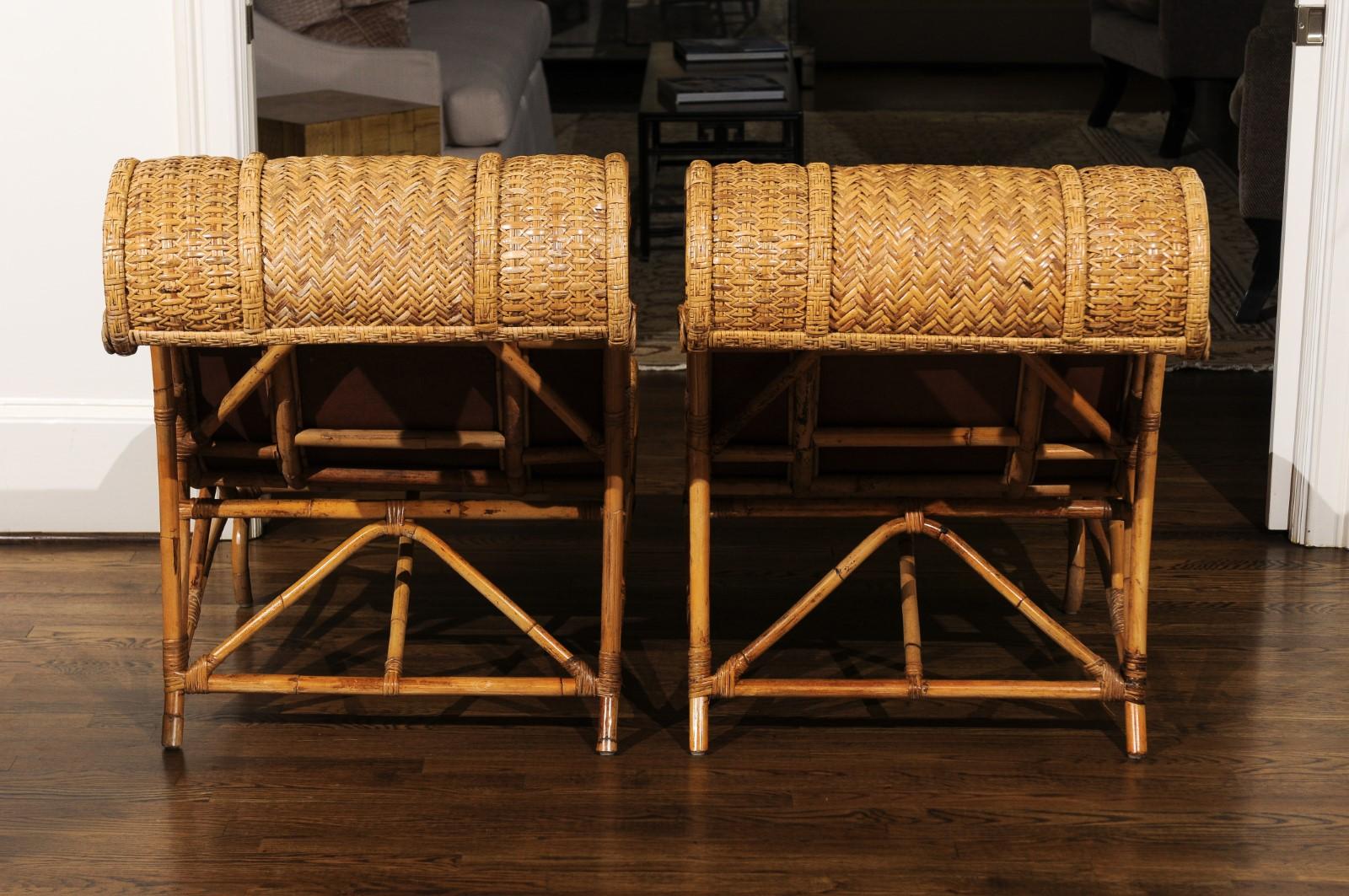 Amazing Restored Pair of Rattan and Raffia Slipper Sled Chairs, circa 1980 1