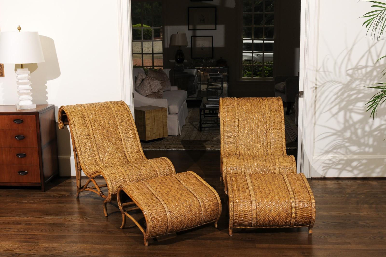 Amazing Restored Pair of Rattan and Raffia Slipper Sled Chairs, circa 1980 2