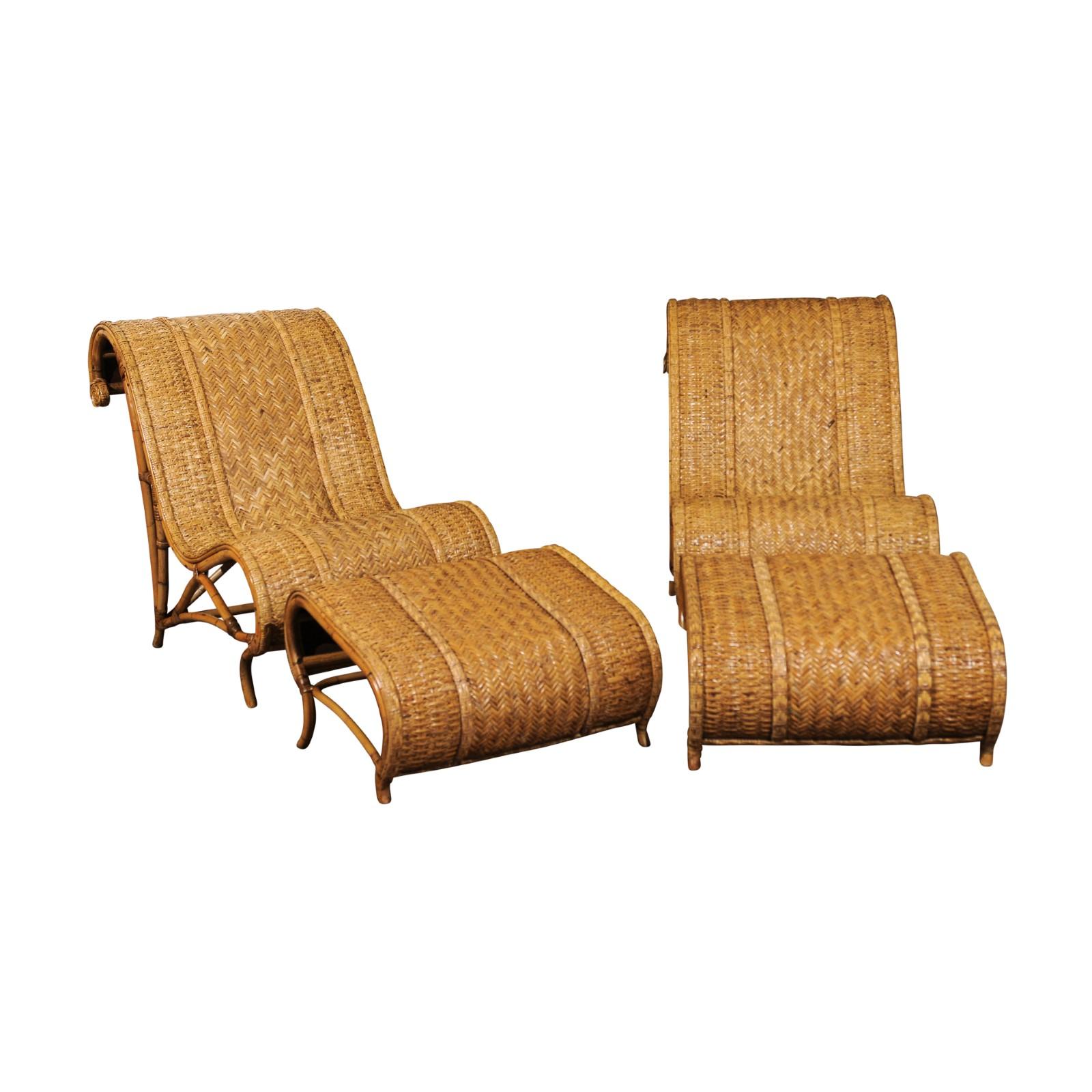 Amazing Restored Pair of Rattan and Raffia Slipper Sled Chairs, circa 1980