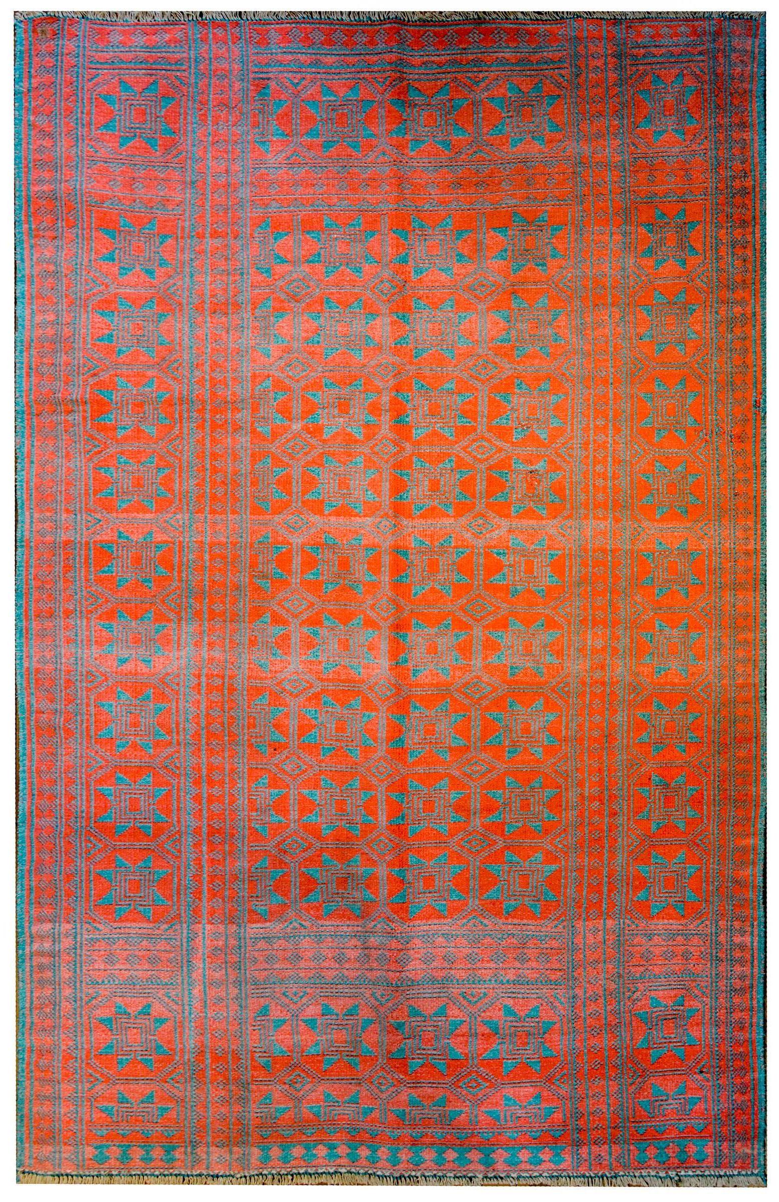 An amazing early 20th century Persian reversible Saveh Kilim rug, woven with a fantastic all-over large scale geometric floral lattice pattern woven in wonderful coral red and turquoise dyed cotton. The rug is reversible, so you get two rugs in one!