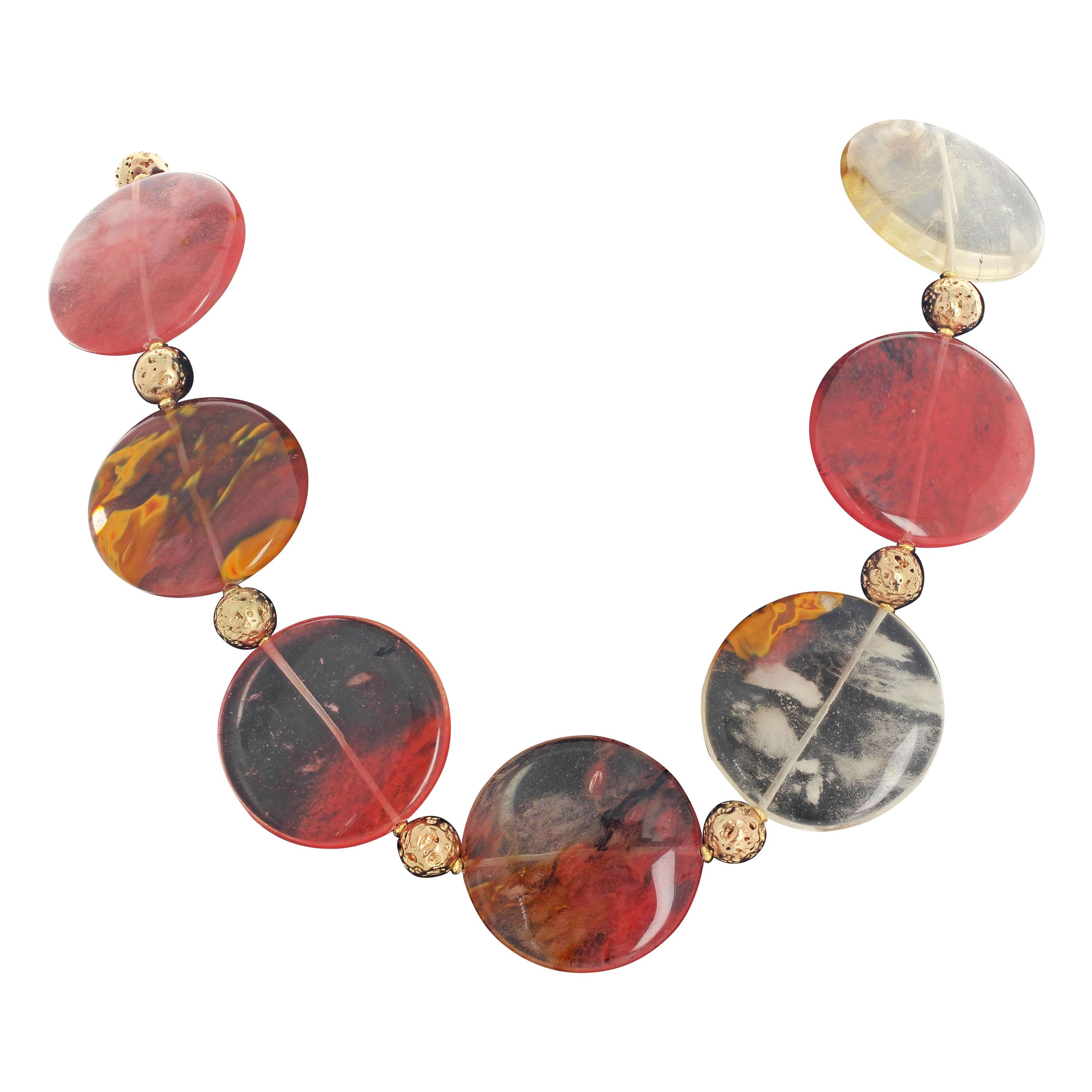 These amazing large highly polished round real Rutilated Quartz - 40 mm across - are enhanced with polished gold plated natural rondels 10 mm Lava beads set in this 22 inch long necklace with gold plated easy to use hook clasp.  The teeny tiny