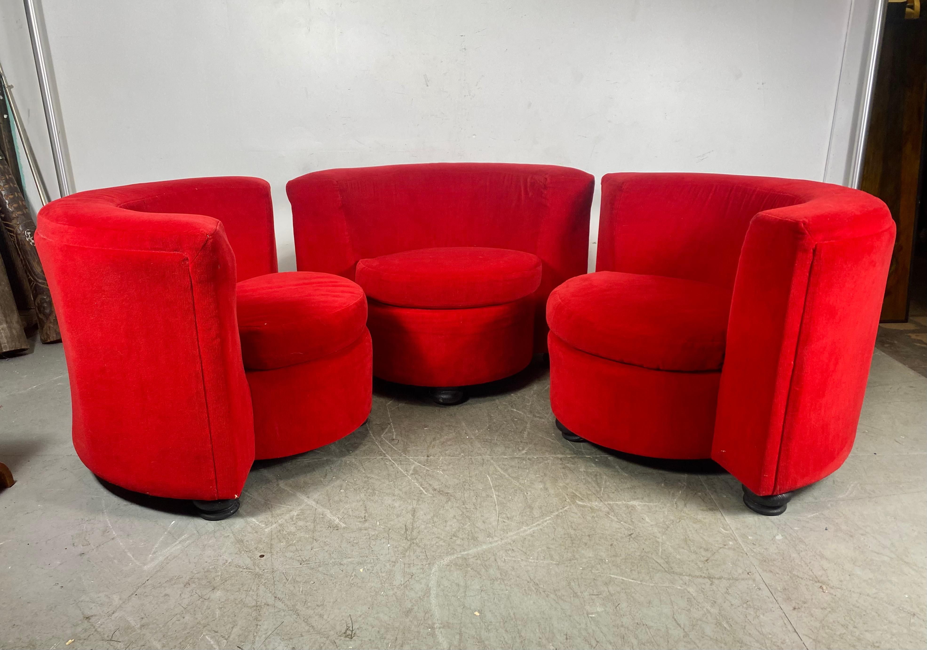 Unusual 3- piece seating by Thayer Coggin. Amazing color..Can be set up in various configurations,, ie: 3 chairs,, tete-tete,,sectional sofa etc.. Extremely comfortable.. amazing original condition.. minor bumps and bruises, Priced as 3 separate