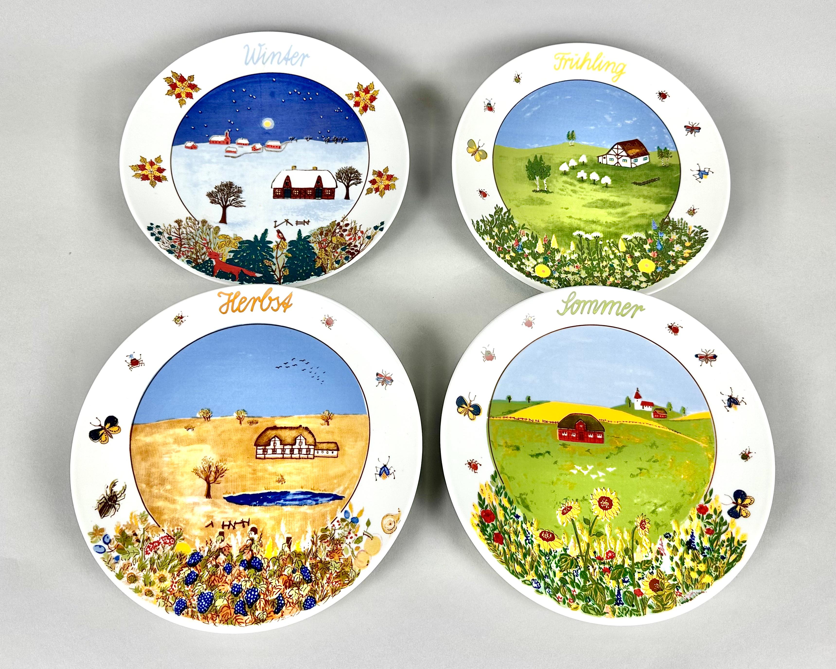 This is a rare and very beautiful set of 4 wall hanging plates/ panels by Kahla.

Manufactured in GDR, in 1970.  Vintage collector's plates.

On the plates illustrates a different season: Spring, Summer, Fall & Winter.

 Each plate is vibrant in