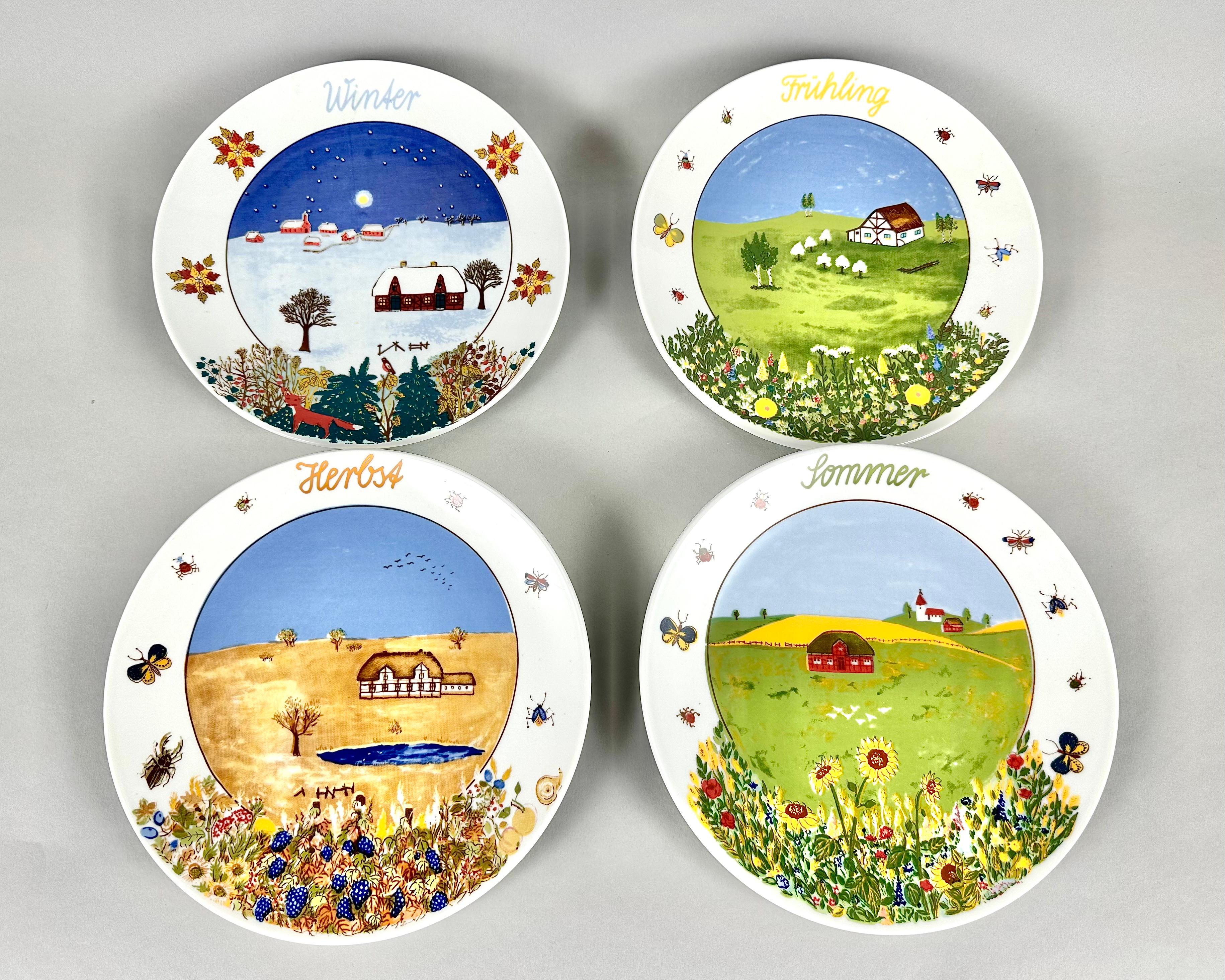 German Amazing Set of 4 Porcelain Wall Plates Four Seasons from Kahla GDR 1970 For Sale
