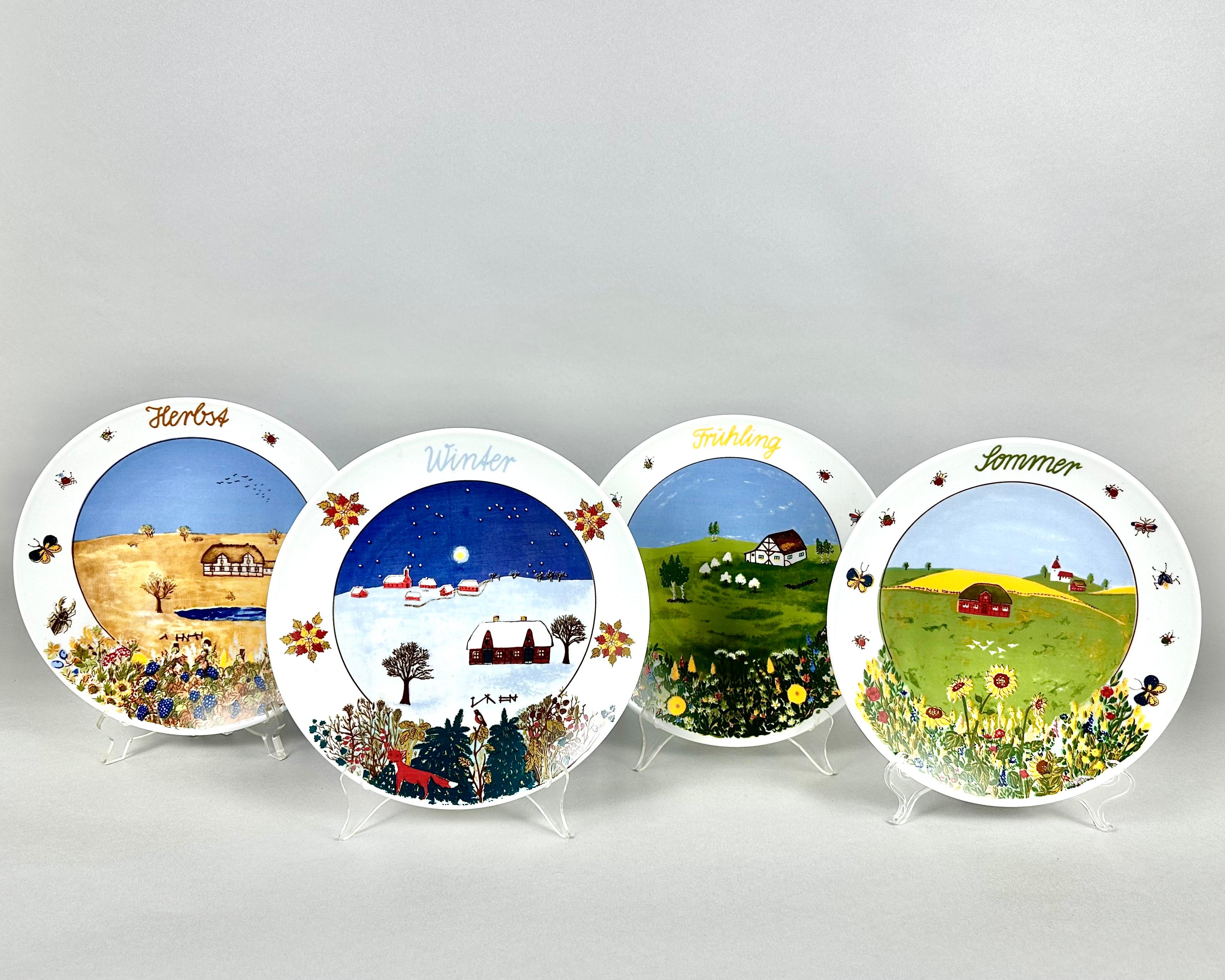 Amazing Set of 4 Porcelain Wall Plates Four Seasons from Kahla GDR 1970 In Excellent Condition For Sale In Bastogne, BE