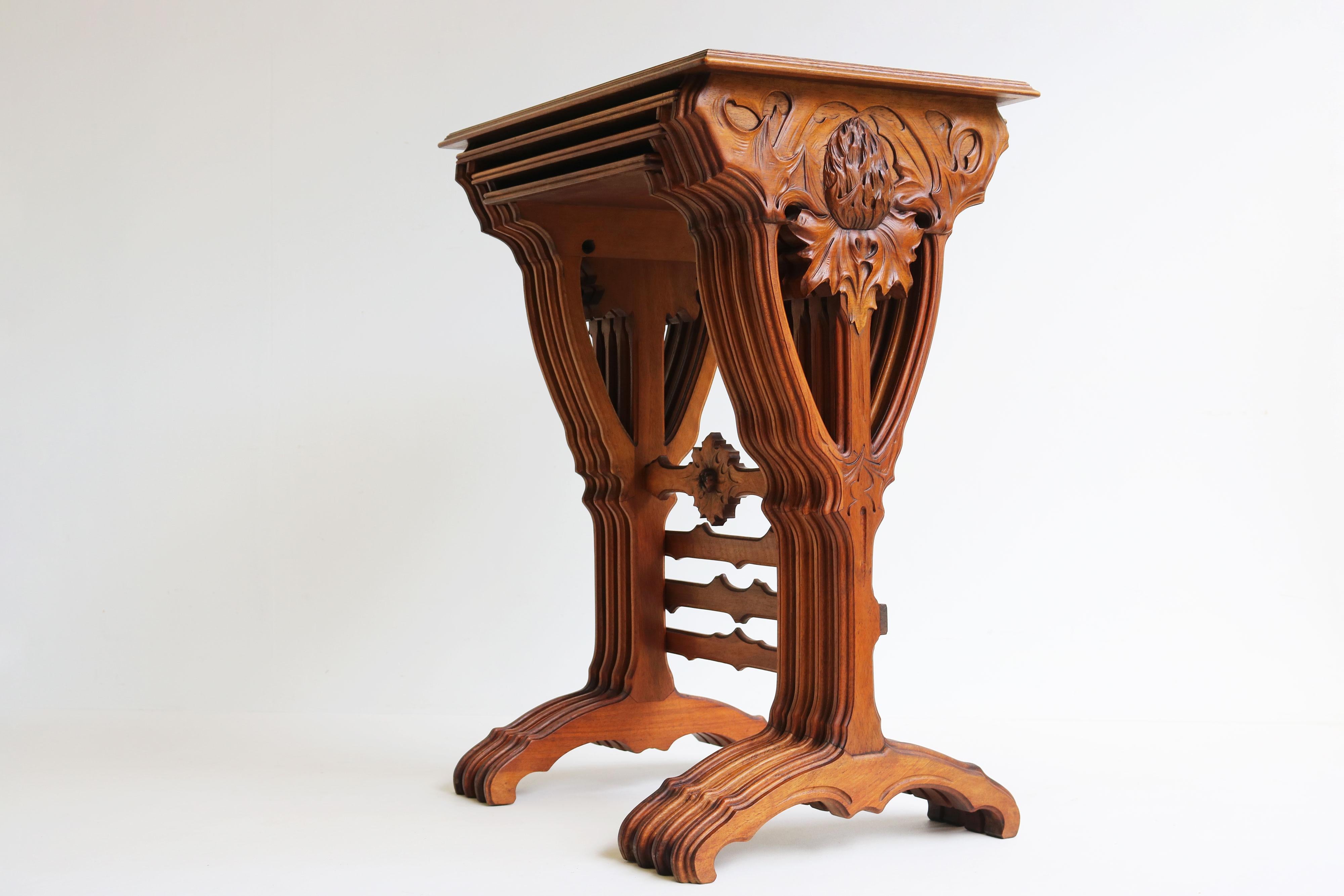 French Amazing set of Art Nouveau Nesting Tables by Emile Galle ''Thistle'' 1905 Walnut For Sale