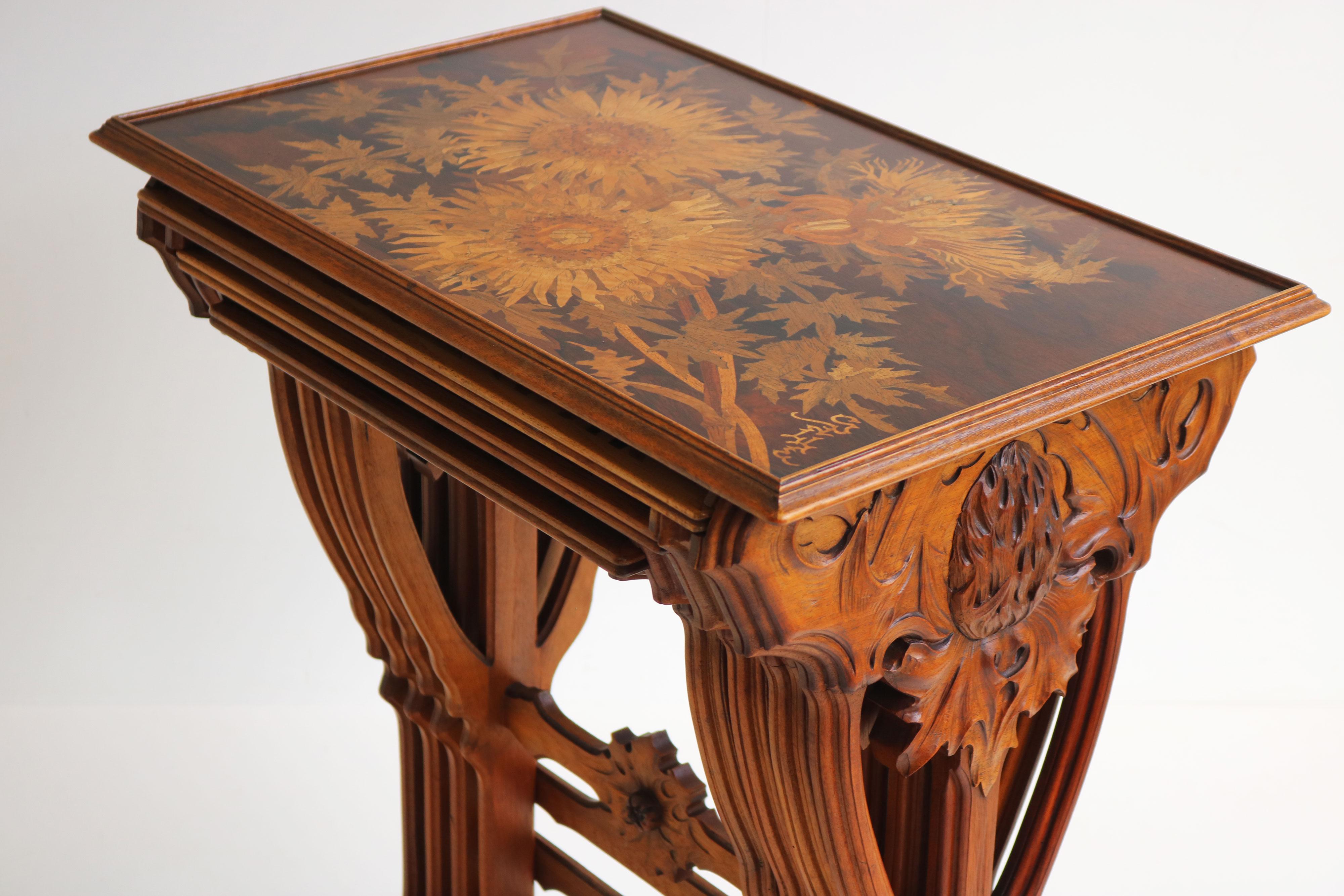 Hand-Carved Amazing set of Art Nouveau Nesting Tables by Emile Galle ''Thistle'' 1905 Walnut For Sale