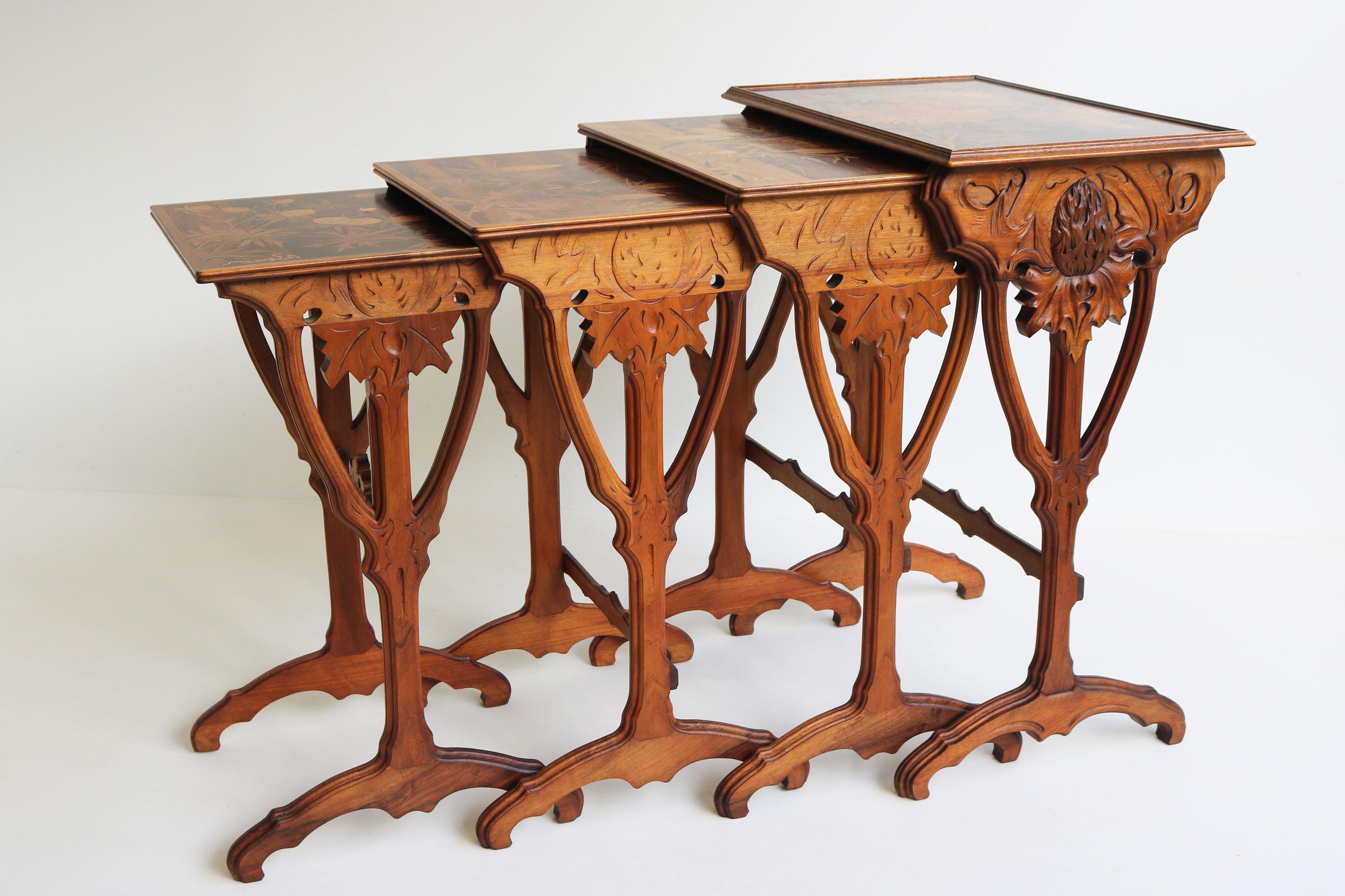 Early 20th Century Amazing set of Art Nouveau Nesting Tables by Emile Galle ''Thistle'' 1905 Walnut For Sale