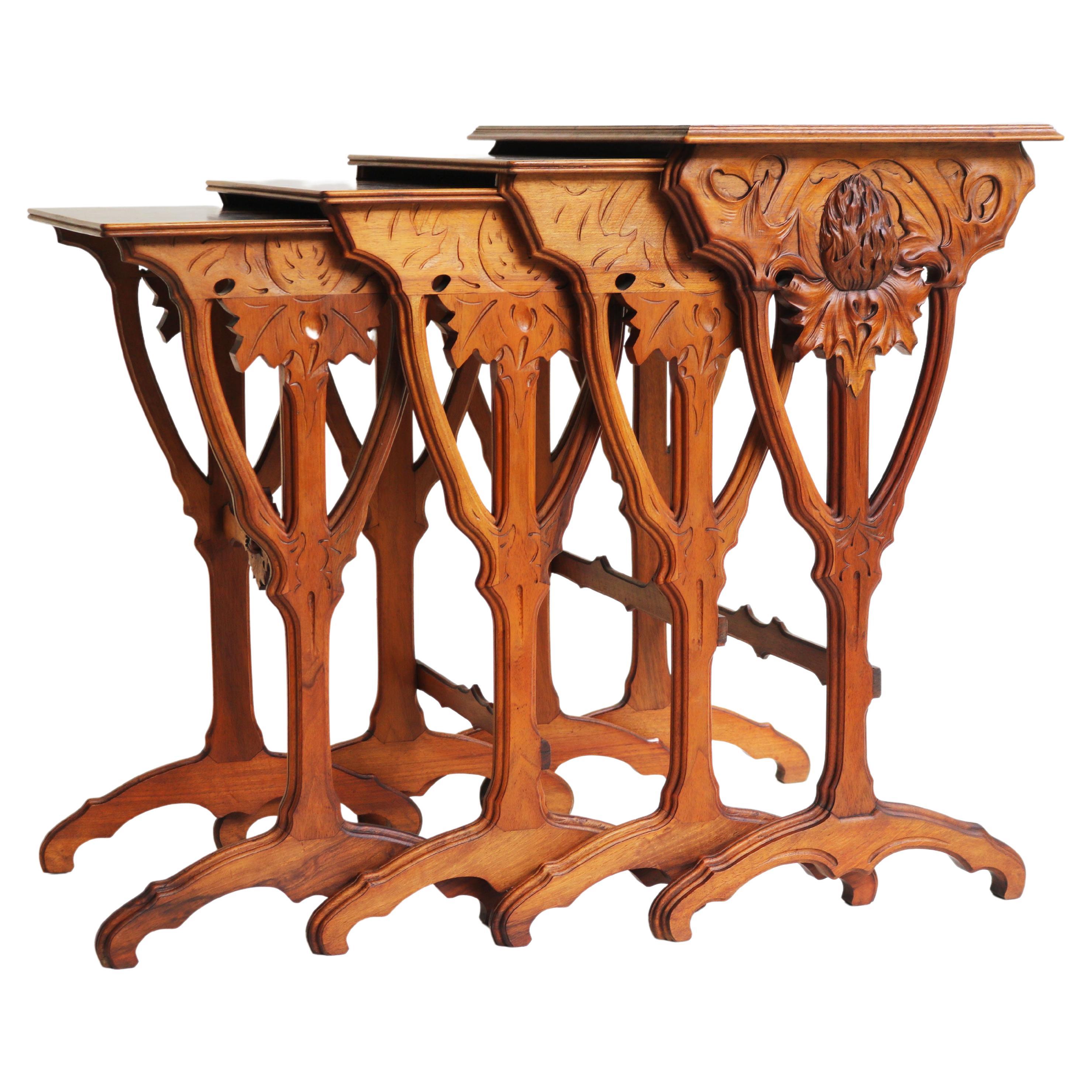 Amazing set of Art Nouveau Nesting Tables by Emile Galle ''Thistle'' 1905 Walnut