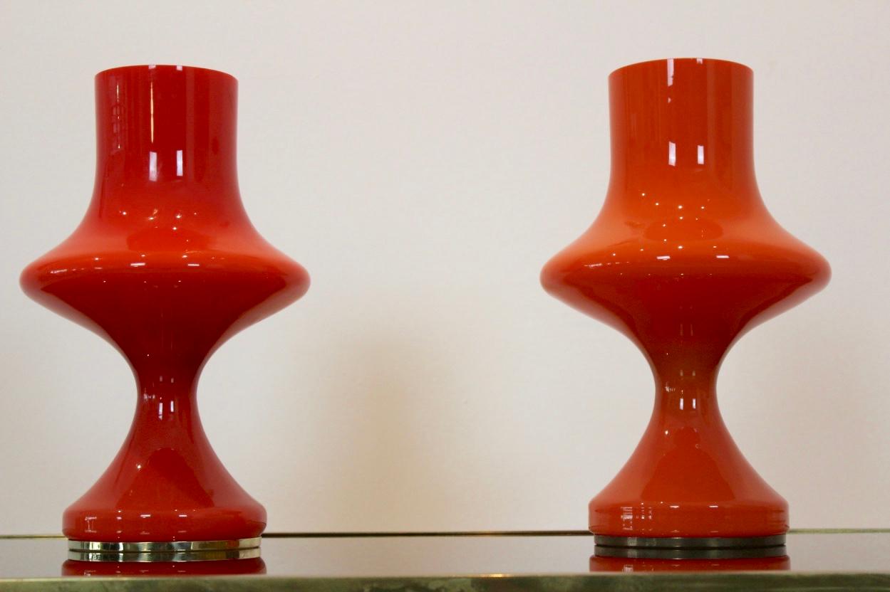 Amazing Set of Orange Opaline Glass Table Lamps by Štepán Tabery, 1960s 3