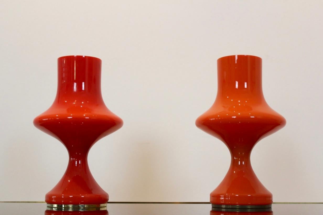 Czech Amazing Set of Orange Opaline Glass Table Lamps by Štepán Tabery, 1960s