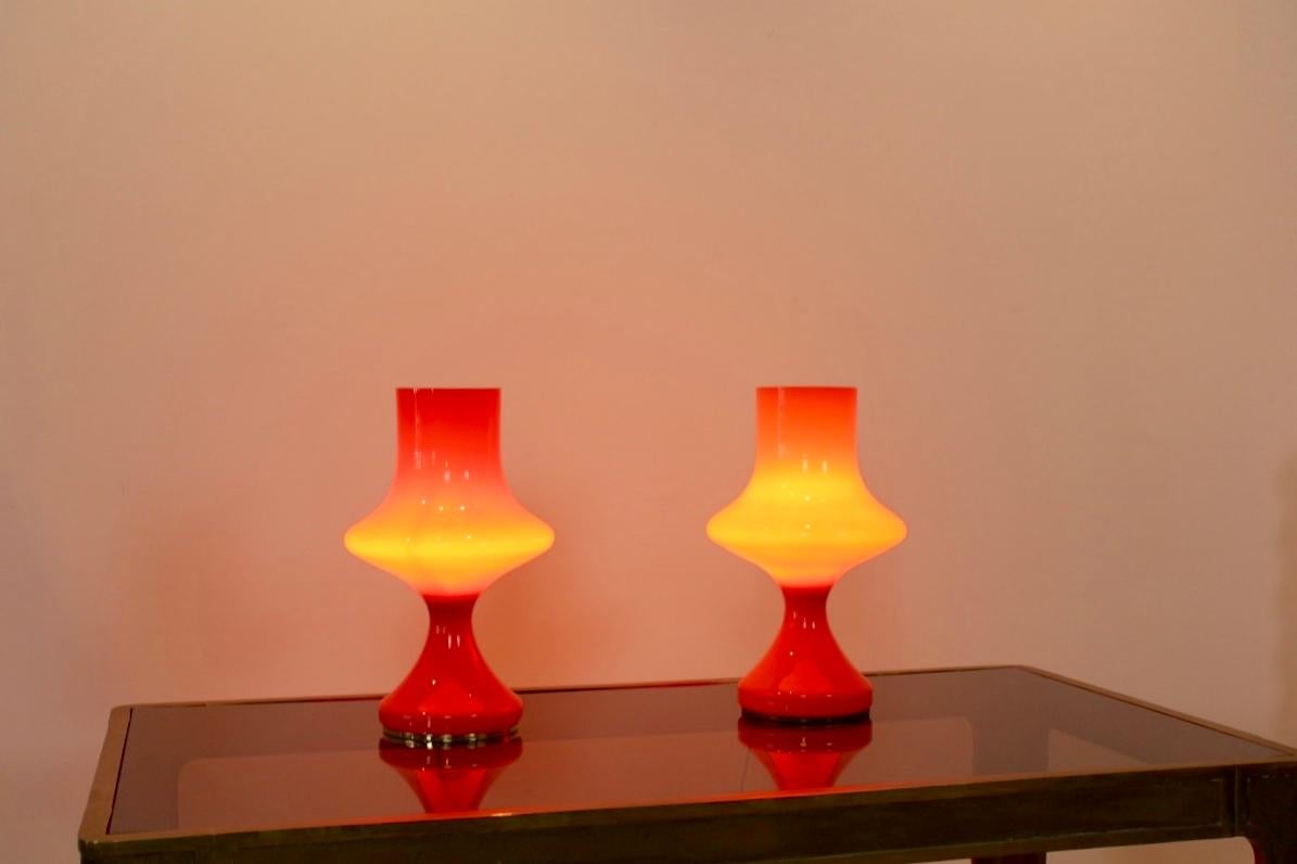 Brass Amazing Set of Orange Opaline Glass Table Lamps by Štepán Tabery, 1960s