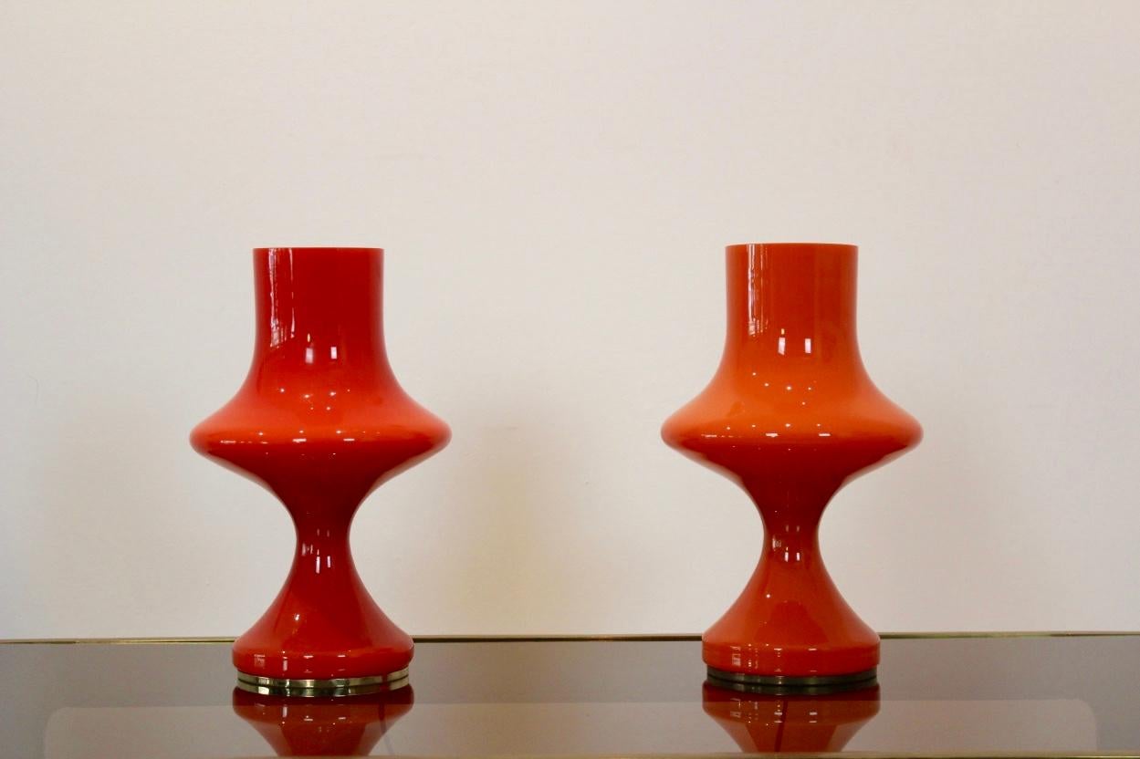 Amazing Set Orange Opaline Glass Table Lamps by Štepán Tabery, 1960s 3