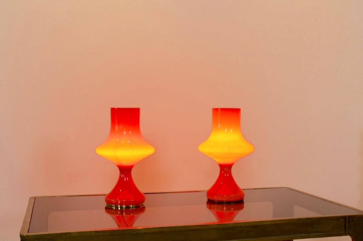 Mid-Century Modern Amazing Set Orange Opaline Glass Table Lamps by Štepán Tabery, 1960s