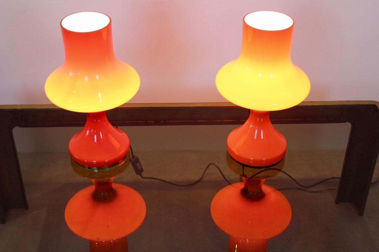 Brass Amazing Set Orange Opaline Glass Table Lamps by Štepán Tabery, 1960s