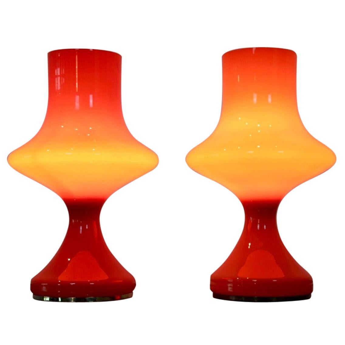 Amazing Set Orange Opaline Glass Table Lamps by Štepán Tabery, 1960s