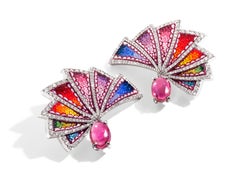Earrings in 18kt White Gold with White Diamonds, Rubellite and Micromosaic